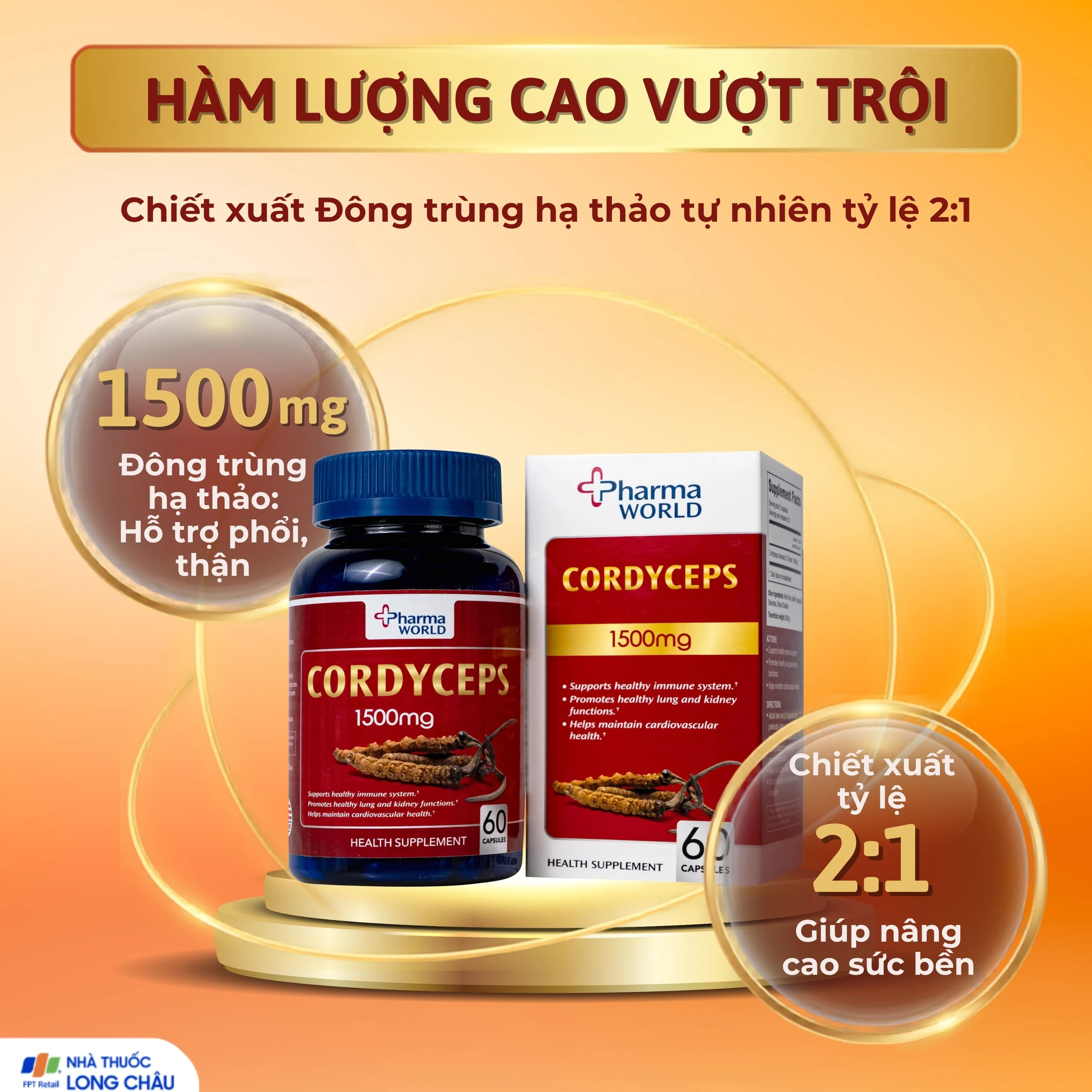 Viên uống Đông Trùng Hạ Thảo giúp tăng cường sức khỏe Cordyceps 1500mg Pharma World (60 viên) 3