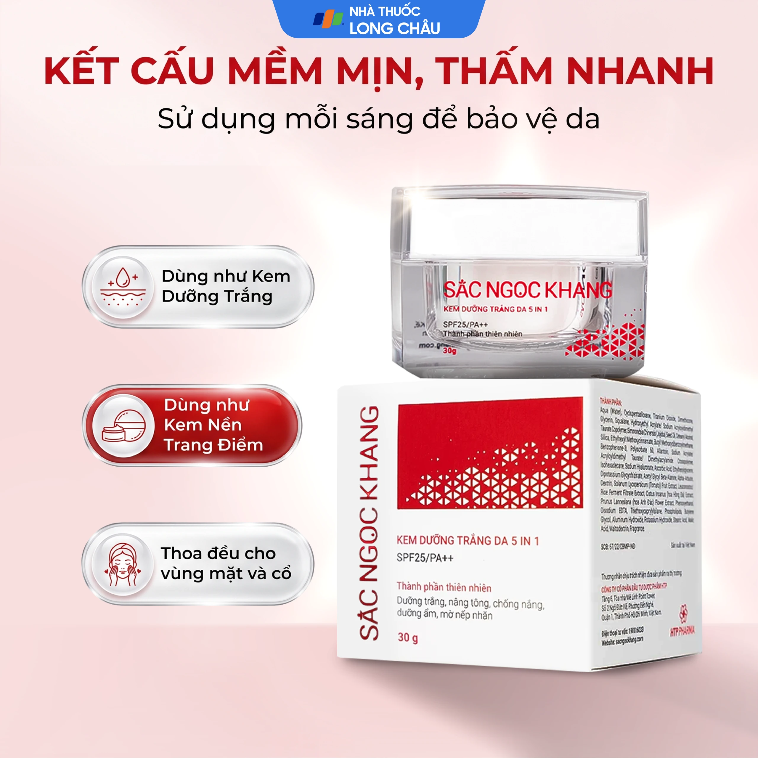 Kem dưỡng trắng da 5 in 1 SPF25/PA++ Sắc Ngọc Khang HTP 30g giúp nâng tông, hiệu chỉnh màu da 5