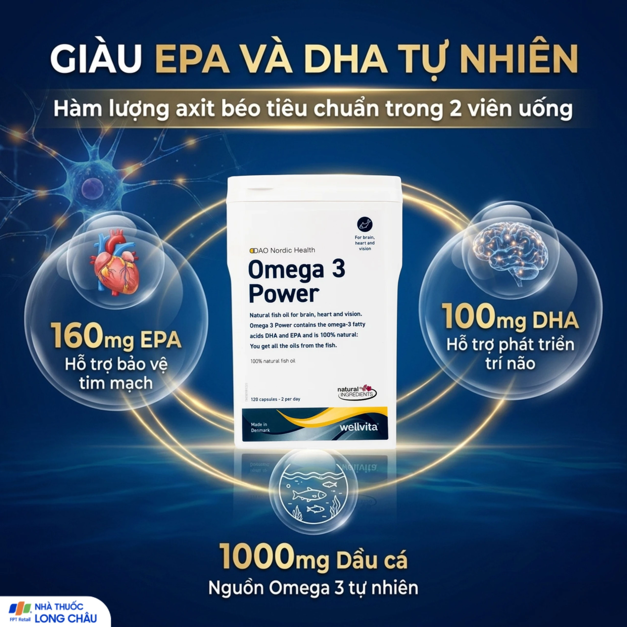 Viên uống hỗ trợ sức khoẻ tim mạch, giảm mỡ máu, tốt cho não và thị lực Omega 3 Power DAO Nordic Health (120 viên) 3