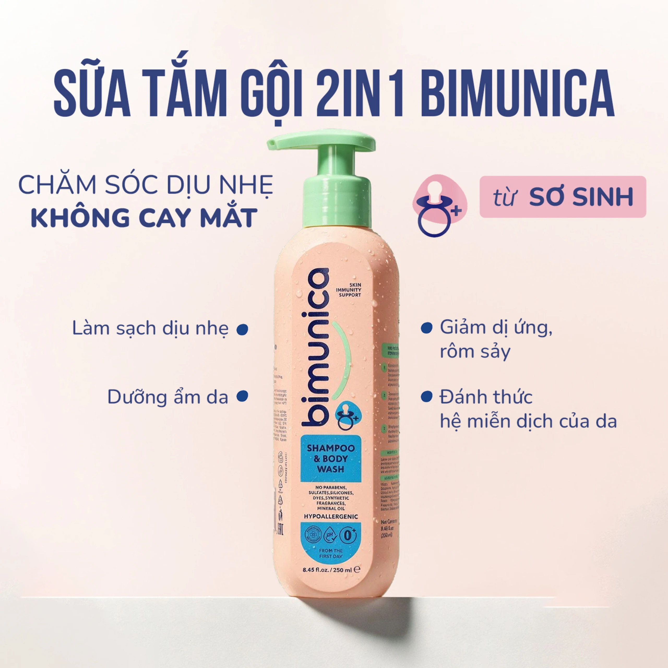 Sữa tắm gội cho trẻ sơ sinh và trẻ nhỏ 2in1 Bimunica dịu nhẹ, an toàn cho da và tóc (250ml) 2