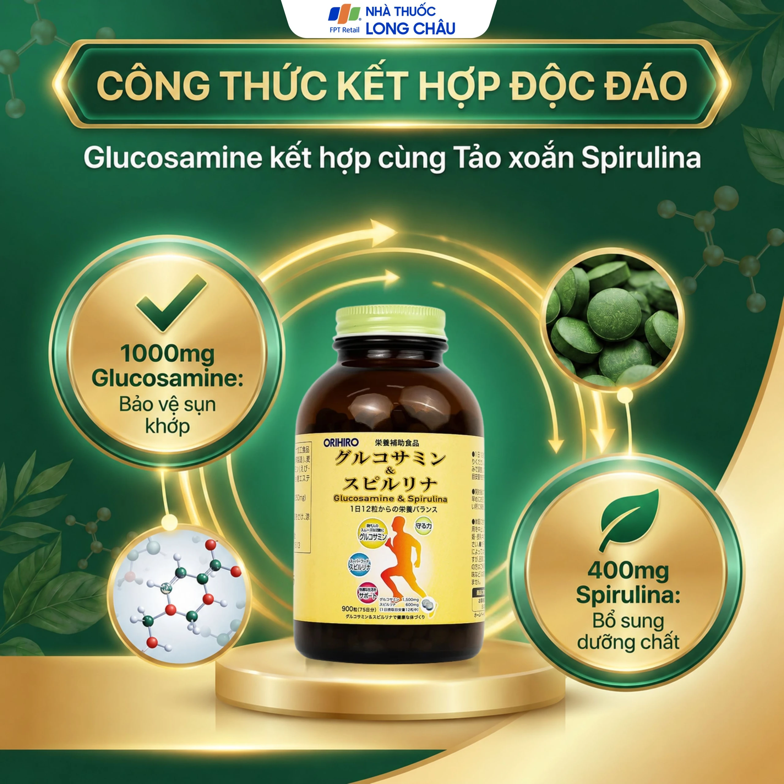 Viên uống tăng tiết dịch khớp giảm thoái hóa khớp Orihiro Glucosamine and Spirulna (900 viên) 4