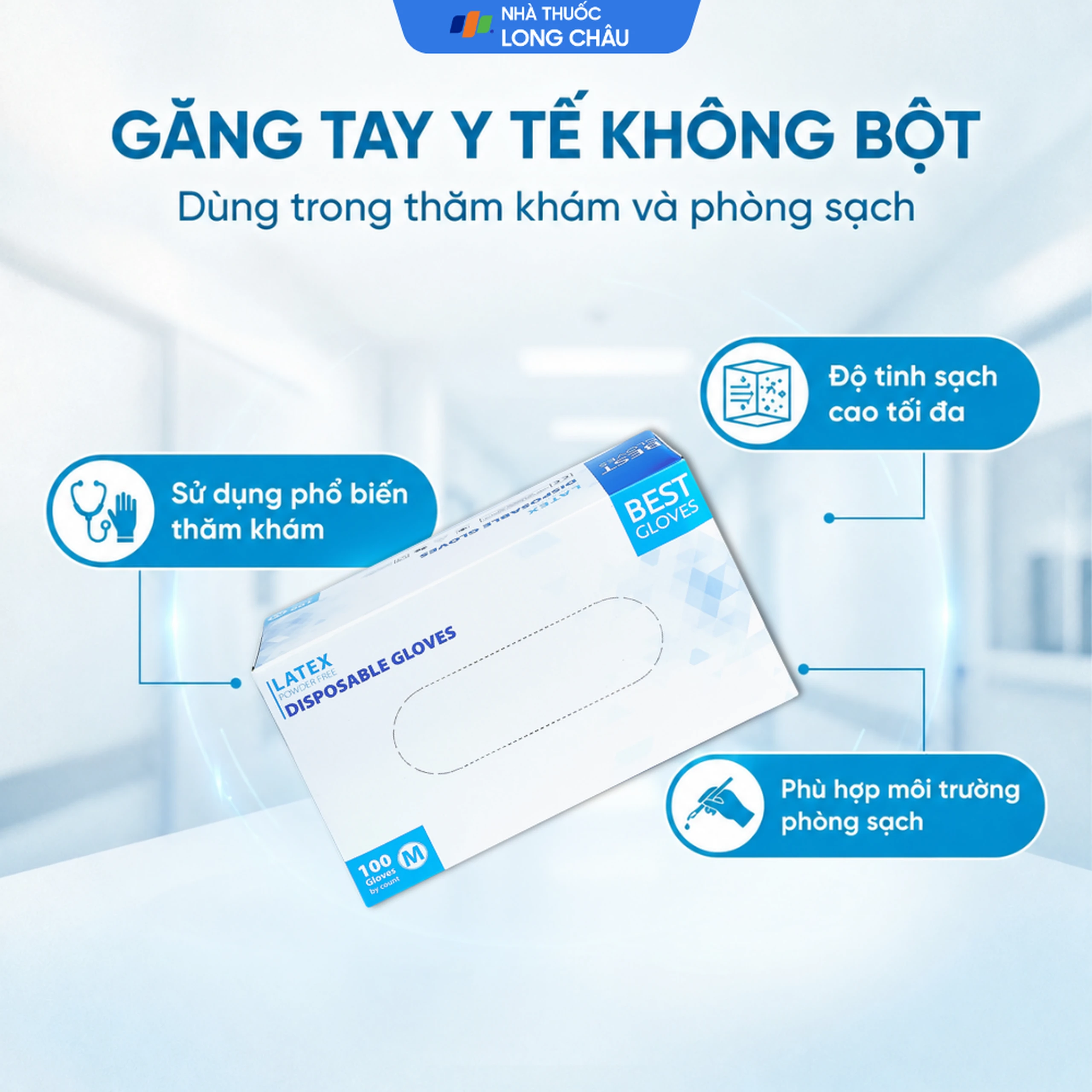 Găng tay y tế không bột, phủ Latex size M (100 cái) Powder Free Disposable 2