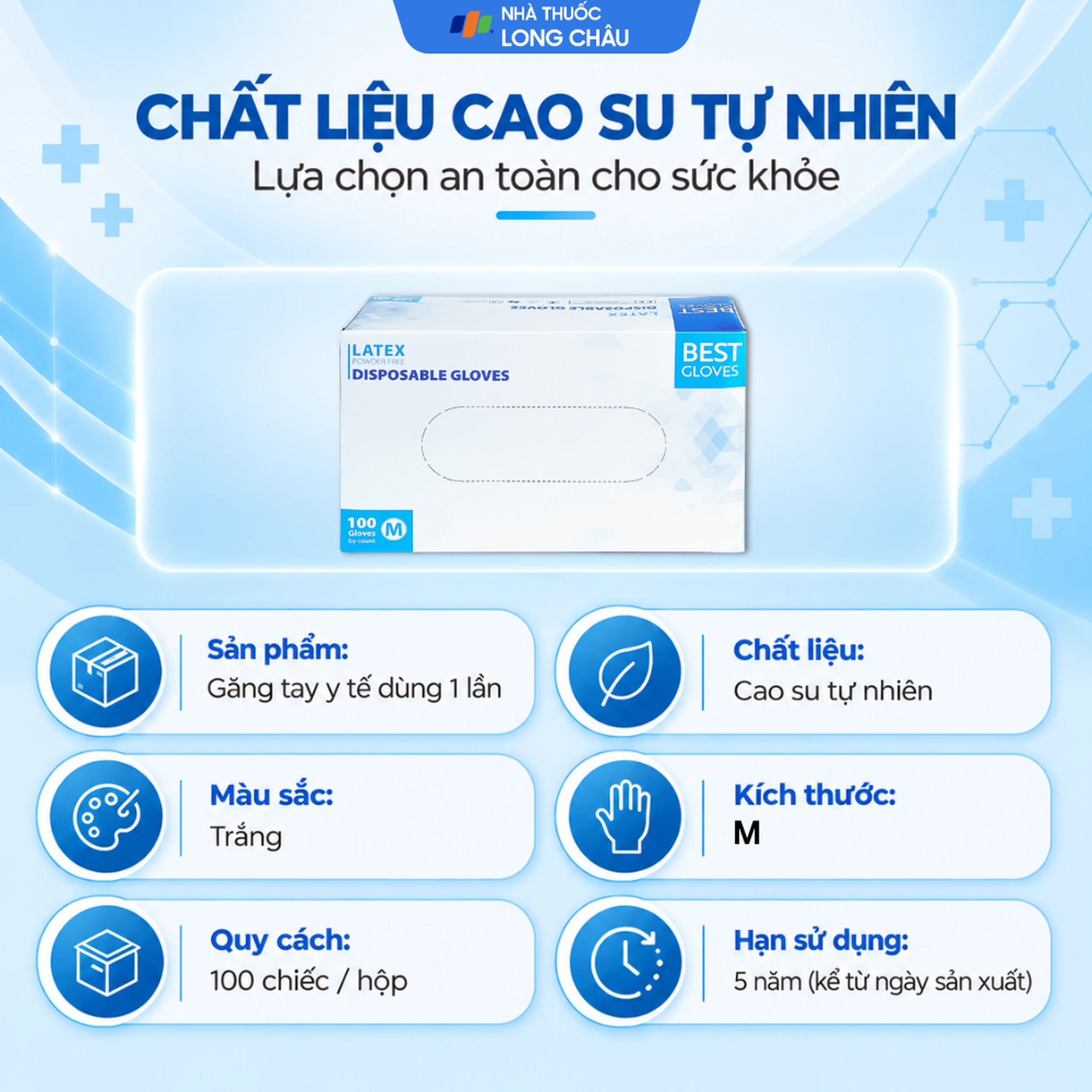 Găng tay y tế không bột, phủ Latex size M (100 cái) Powder Free Disposable 3