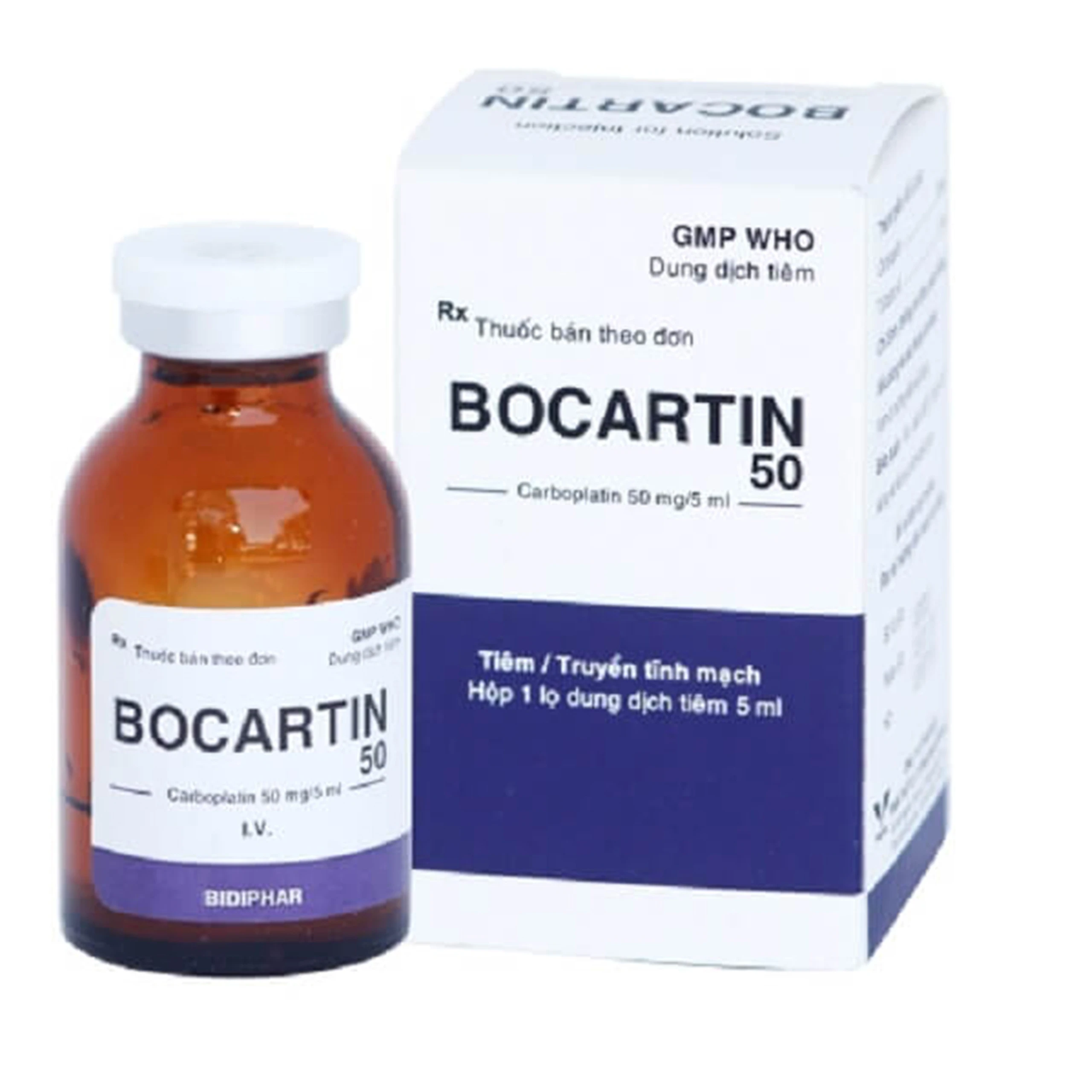 Thuốc tiêm Bocartin 50 Carboplatin 50mg Bidiphar điều trị ung thư buồng trứng, ung thư phổi (1 lọ x 5ml)