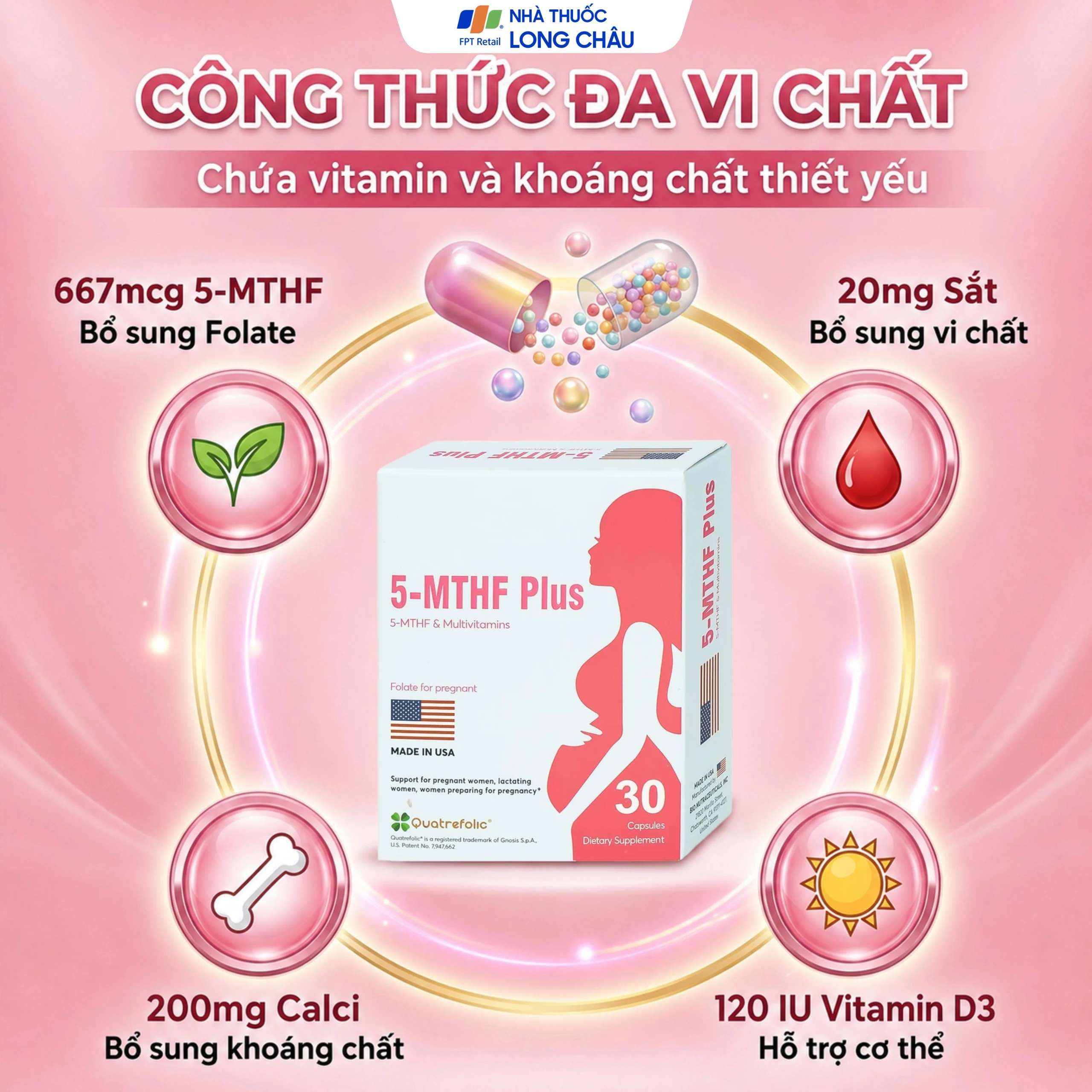 Viên bổ sung 5-MTHF, vitamin, khoáng chất cho phụ nữ mang thai 5-MTHF Plus (3 vỉ x 10 viên) 3