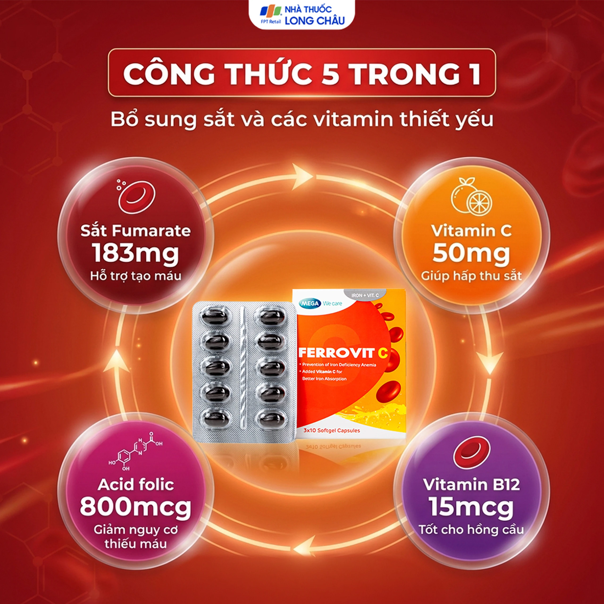 Viên uống hỗ trợ giảm nguy cơ thiếu máu do thiếu sắt Ferrovit C Mega (3 vỉ x 10 viên) 3