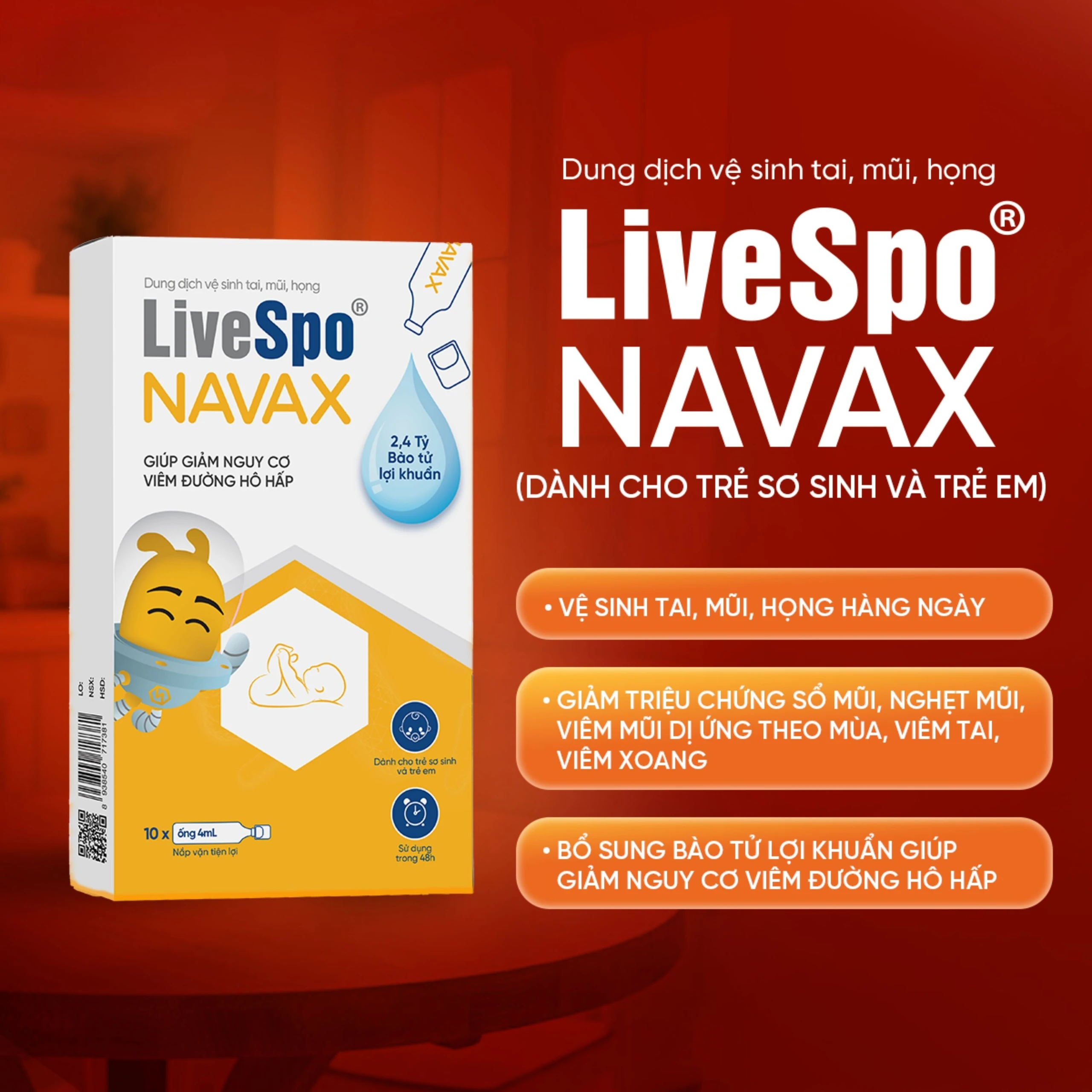 Dung dịch vệ sinh tai mũi họng Livespo Navax (10 ống x 4ml) giảm nguy cơ viêm đường hô hấp