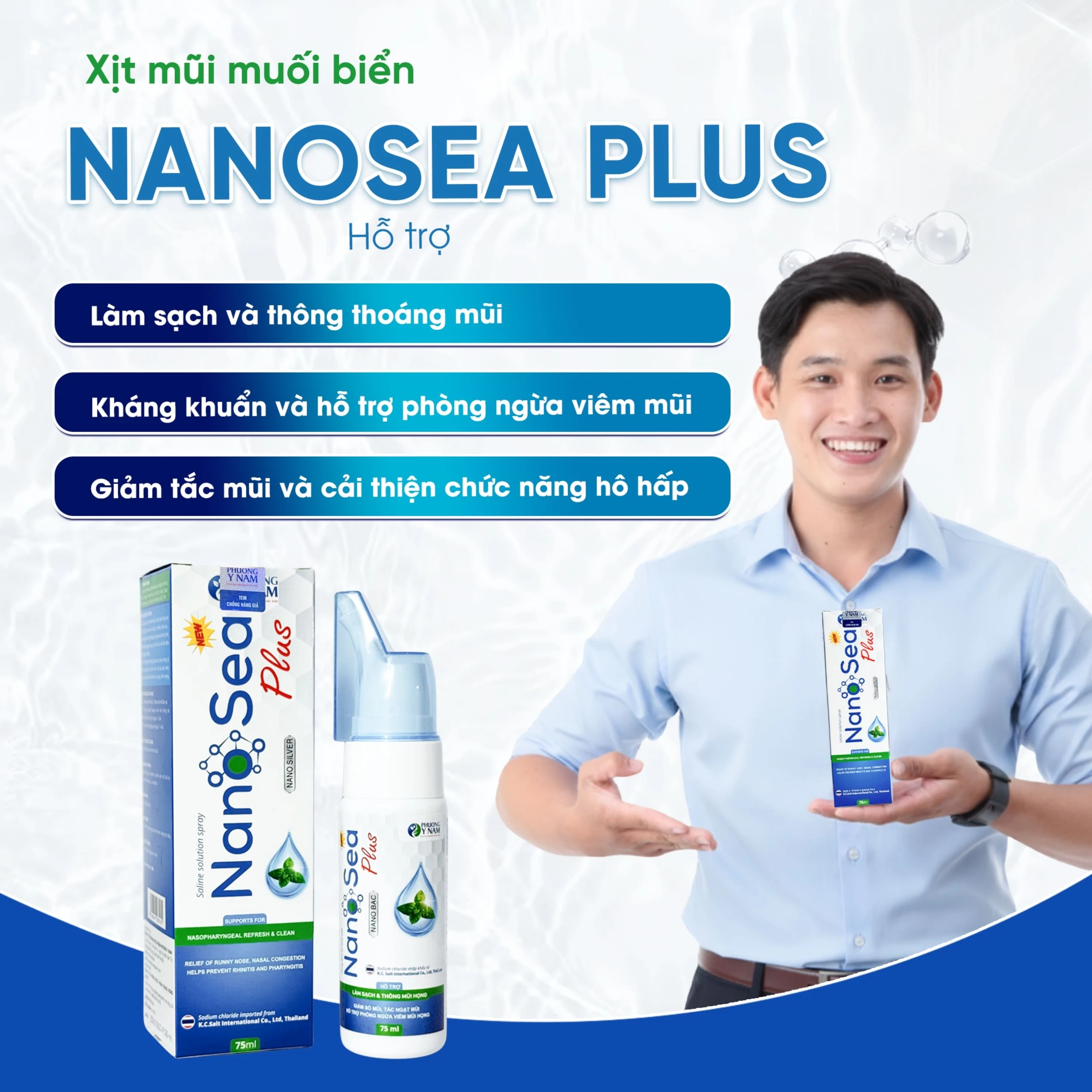 Xịt mũi muối biển Nano Sea Plus người lớn 75ml giúp làm sạch, thông mũi họng