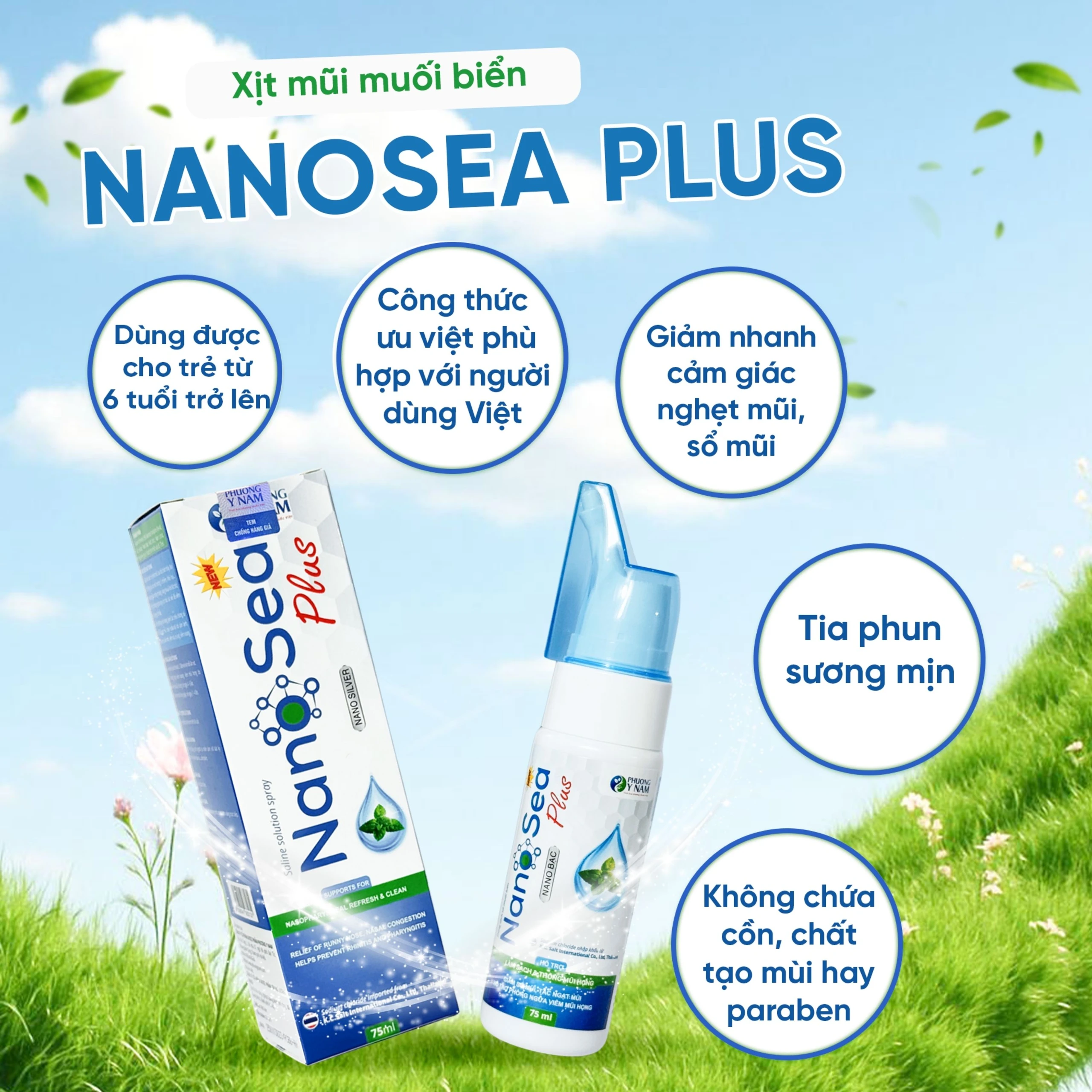 Xịt mũi muối biển Nano Sea Plus người lớn 75ml giúp làm sạch, thông mũi họng