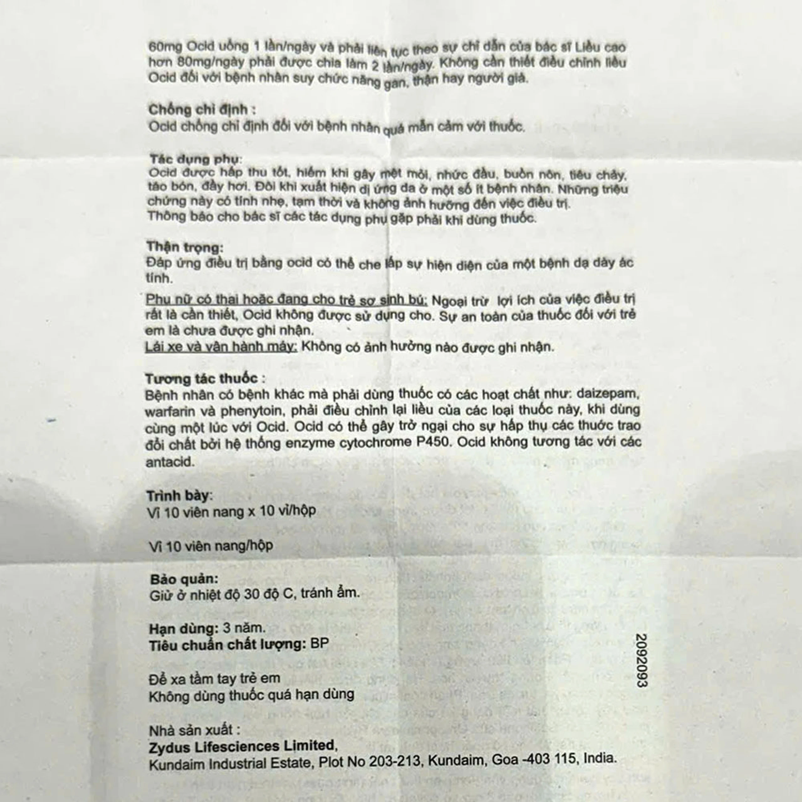 Thuốc Ocid 20mg Zydus điều trị loét tá tràng, loét dạ dày (10 vỉ x 10 viên)