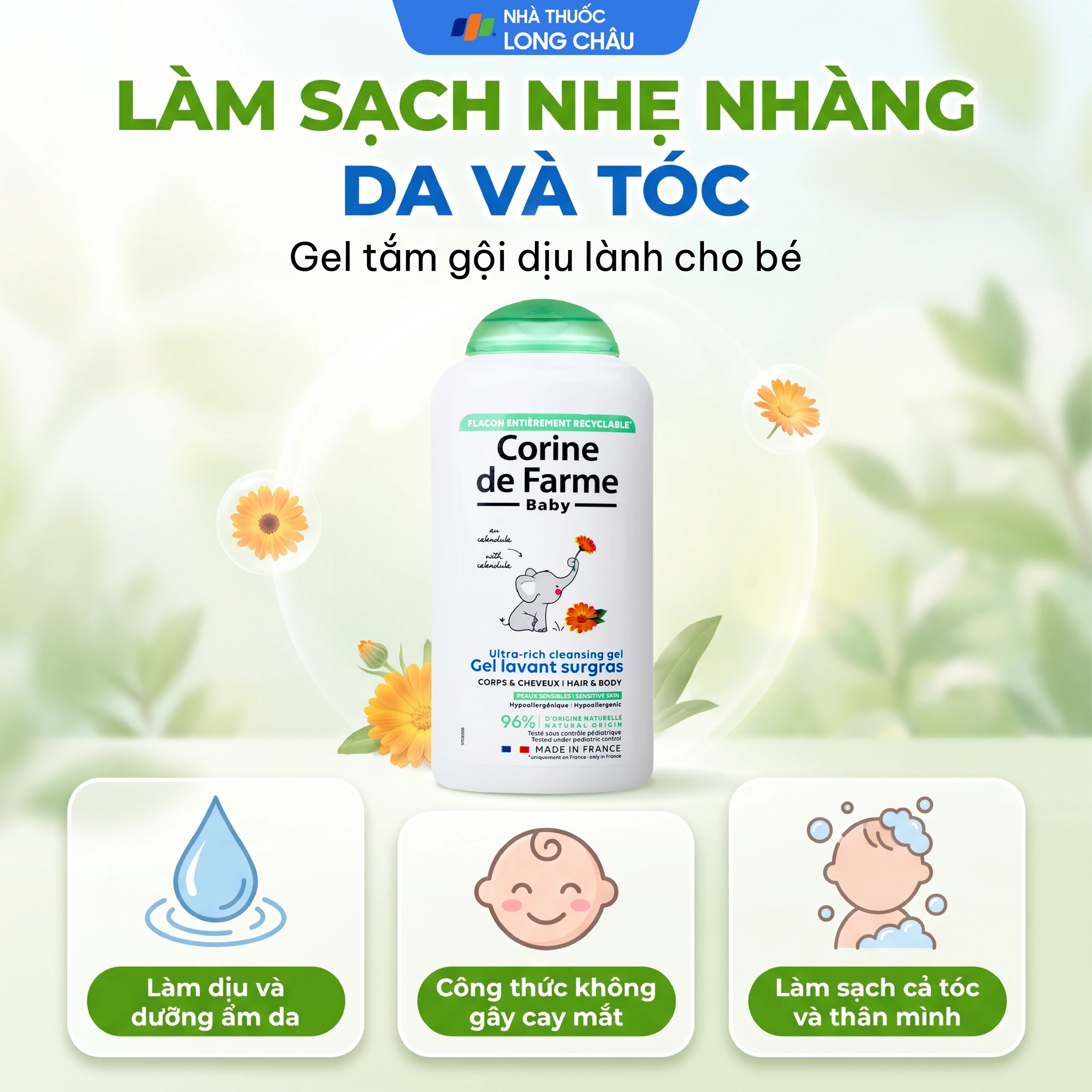 Gel tắm gội cho bé Corine de Farme Baby Ultra Rich Cleansing Gel dịu nhẹ dành cho mọi loại da (250ml) 2