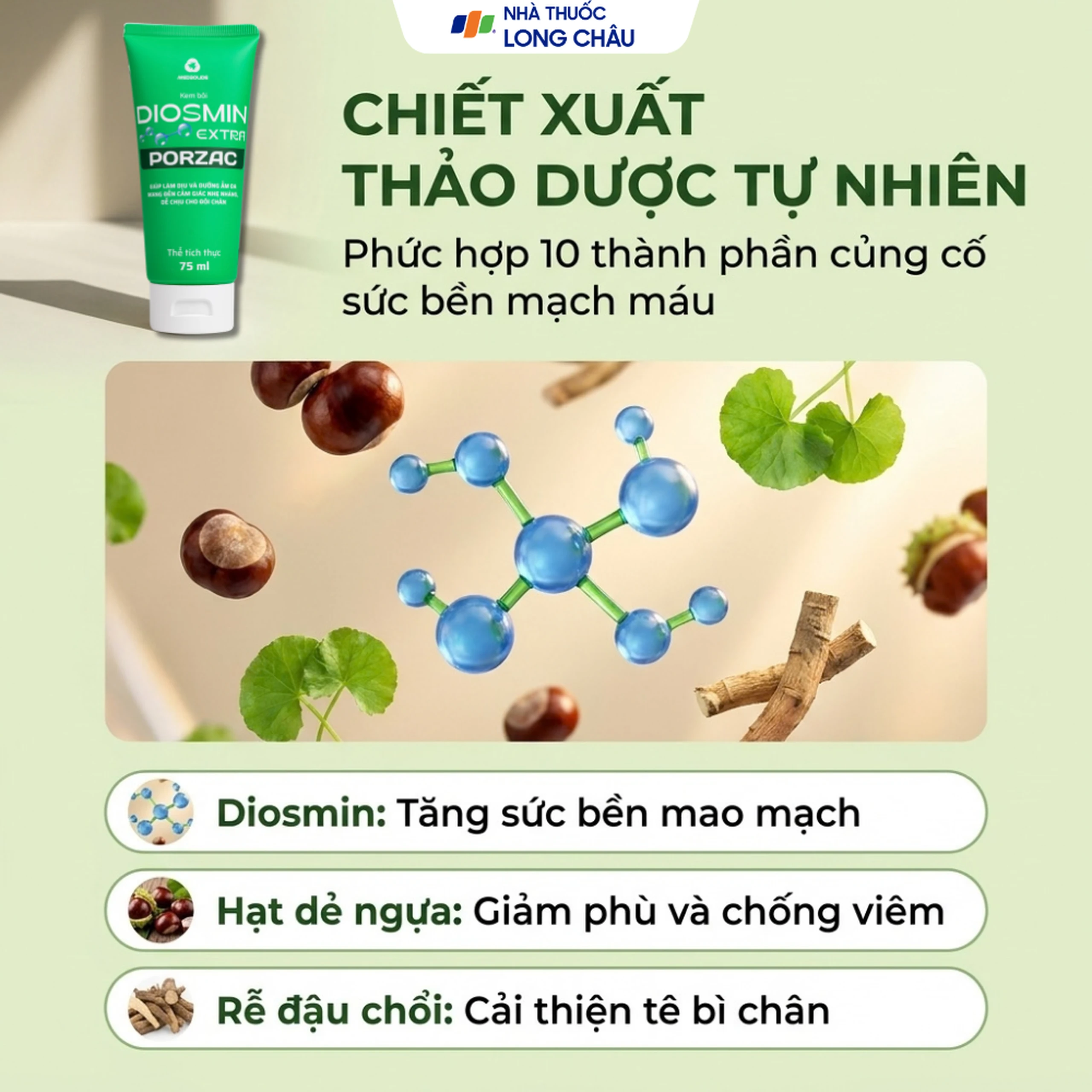 Gel bôi ngừa suy giãn tĩnh mạch, phù, nặng chân Diosmin Extra Porzac 75ml 3