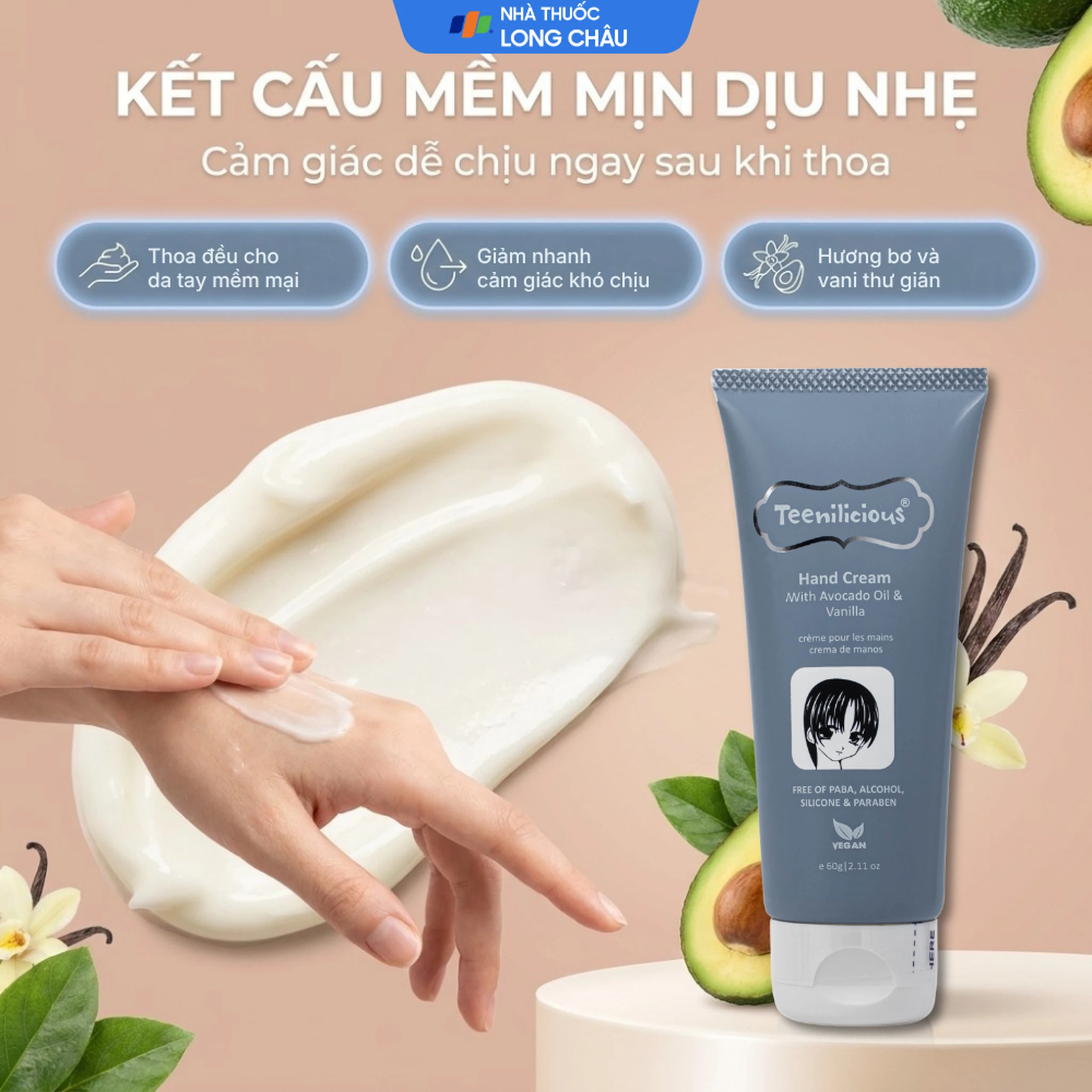 Kem dưỡng da tay hương bơ và hạt vani Teenilicious hộp 60g 5