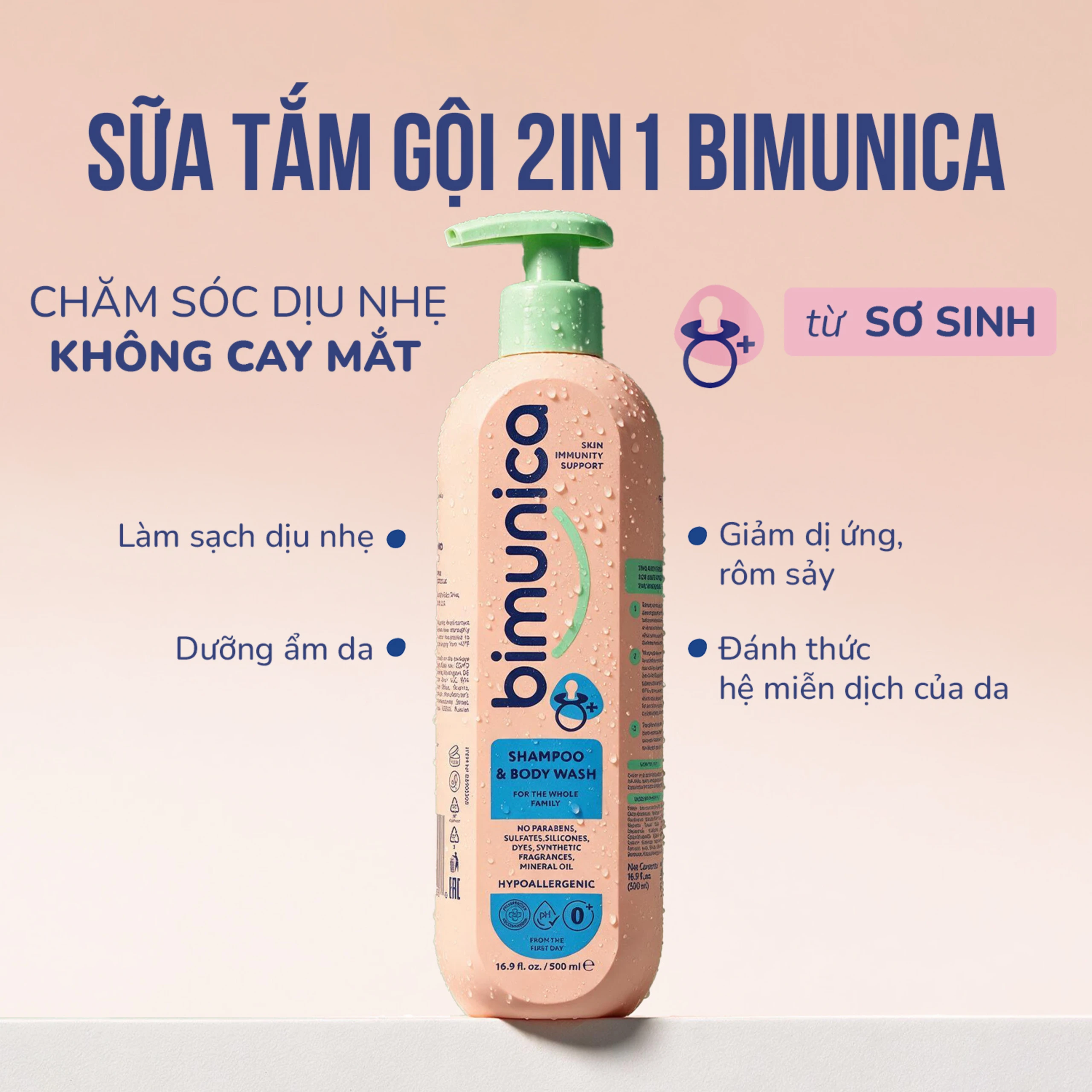 Sữa tắm gội cho trẻ sơ sinh và trẻ nhỏ 2in1 Bimunica dịu nhẹ, an toàn cho da và tóc (500ml) 2