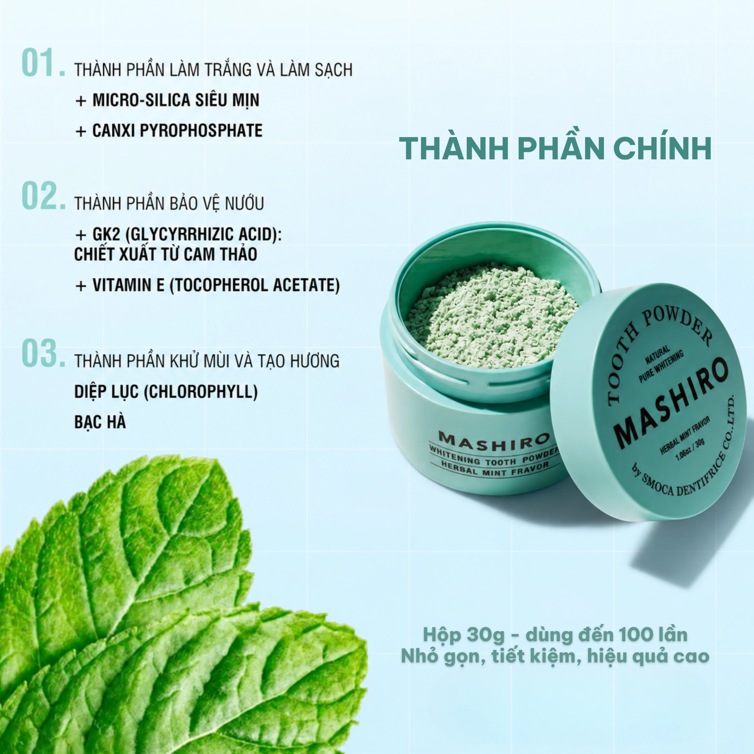 Bột đánh trắng răng hương thảo mộc bạc hà Mashiro Tooth Powder Herbal Mint Flavor 30g 4