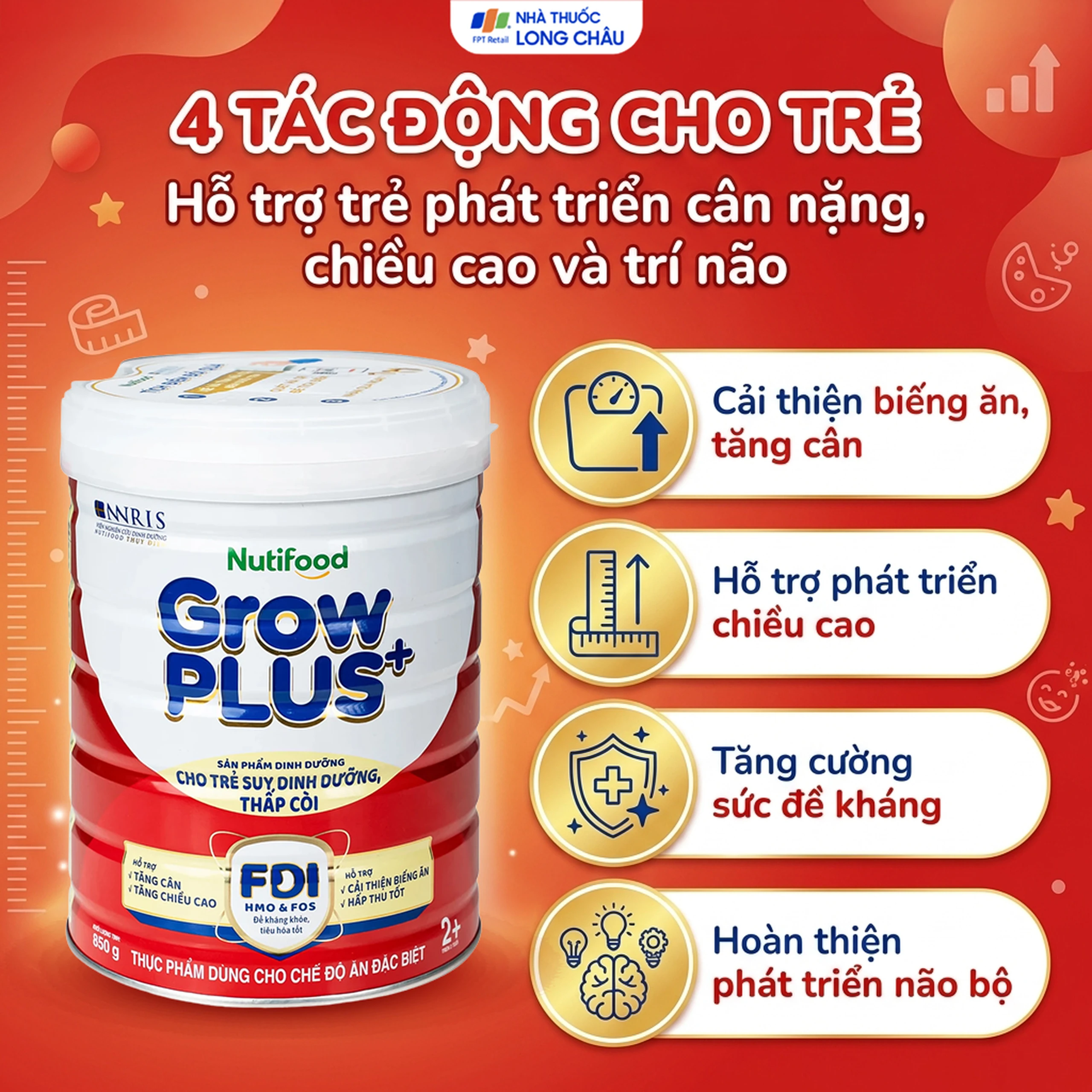 Sữa cho trẻ suy dinh dưỡng, thấp còi (đỏ) Nutifood growplus+ 2+ (850g) 4