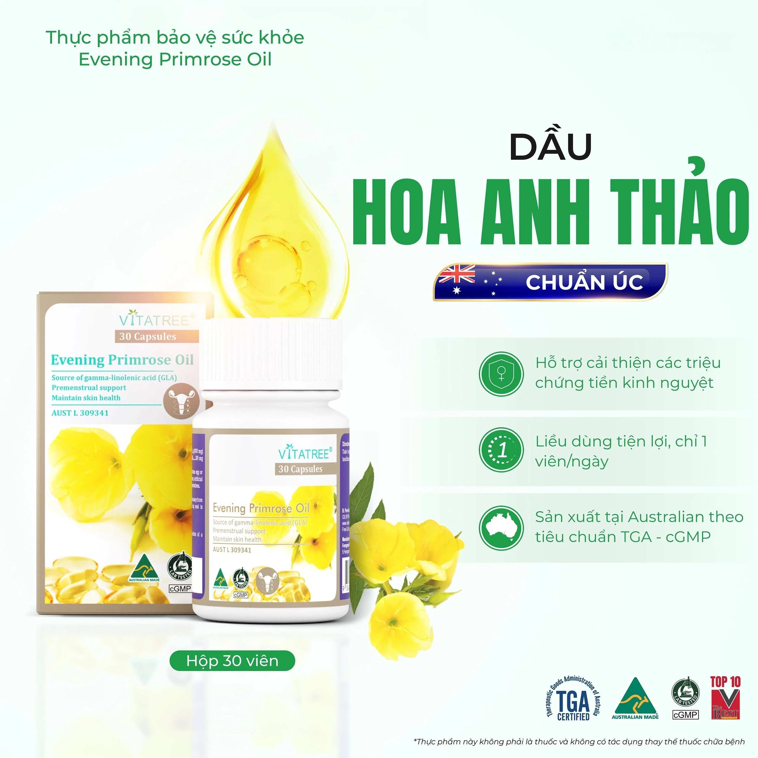 Viên uống hỗ trợ giảm triệu chứng của tiền kinh nguyệt Vitatree Evening Primrose Oil (Hộp 30 viên) 2
