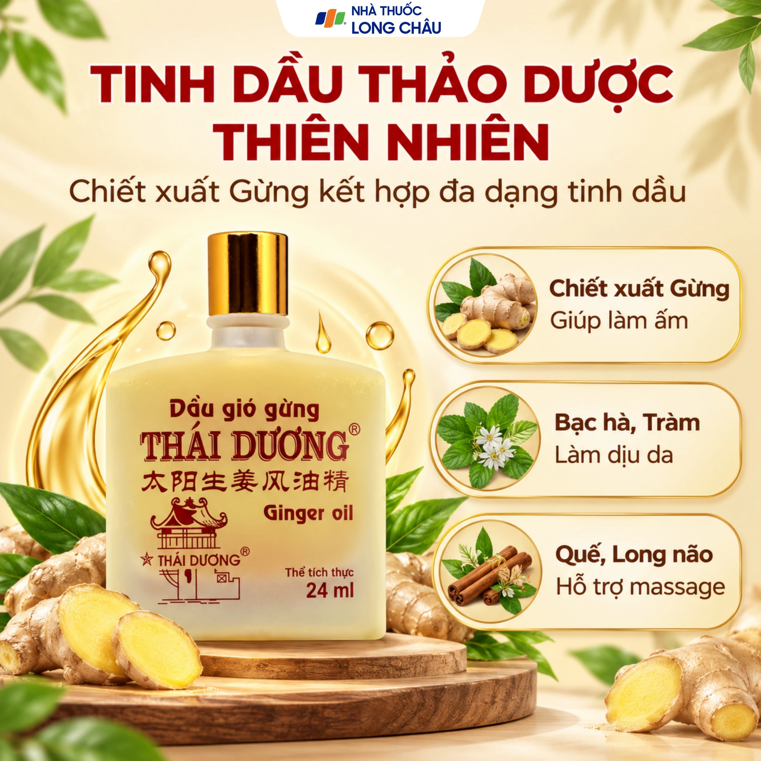 Dầu gió gừng Thái Dương giúp giảm đau đầu, đau lưng, đau dây thần kinh vai gáy (Hộp 24ml) 3