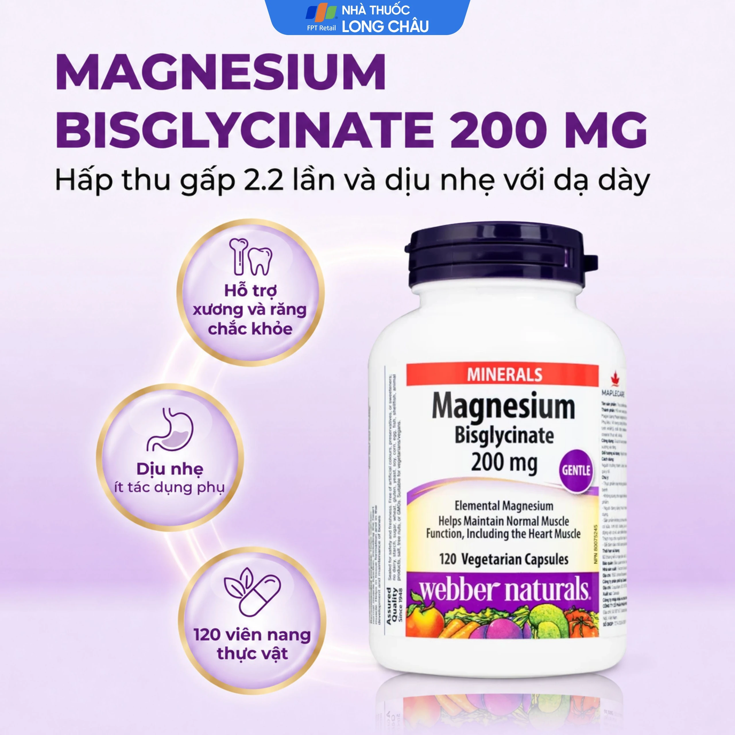 Viên uống hỗ trợ xương răng chắc khỏe Magnesium Bisglycinate Webber Naturals (120 viên) 2