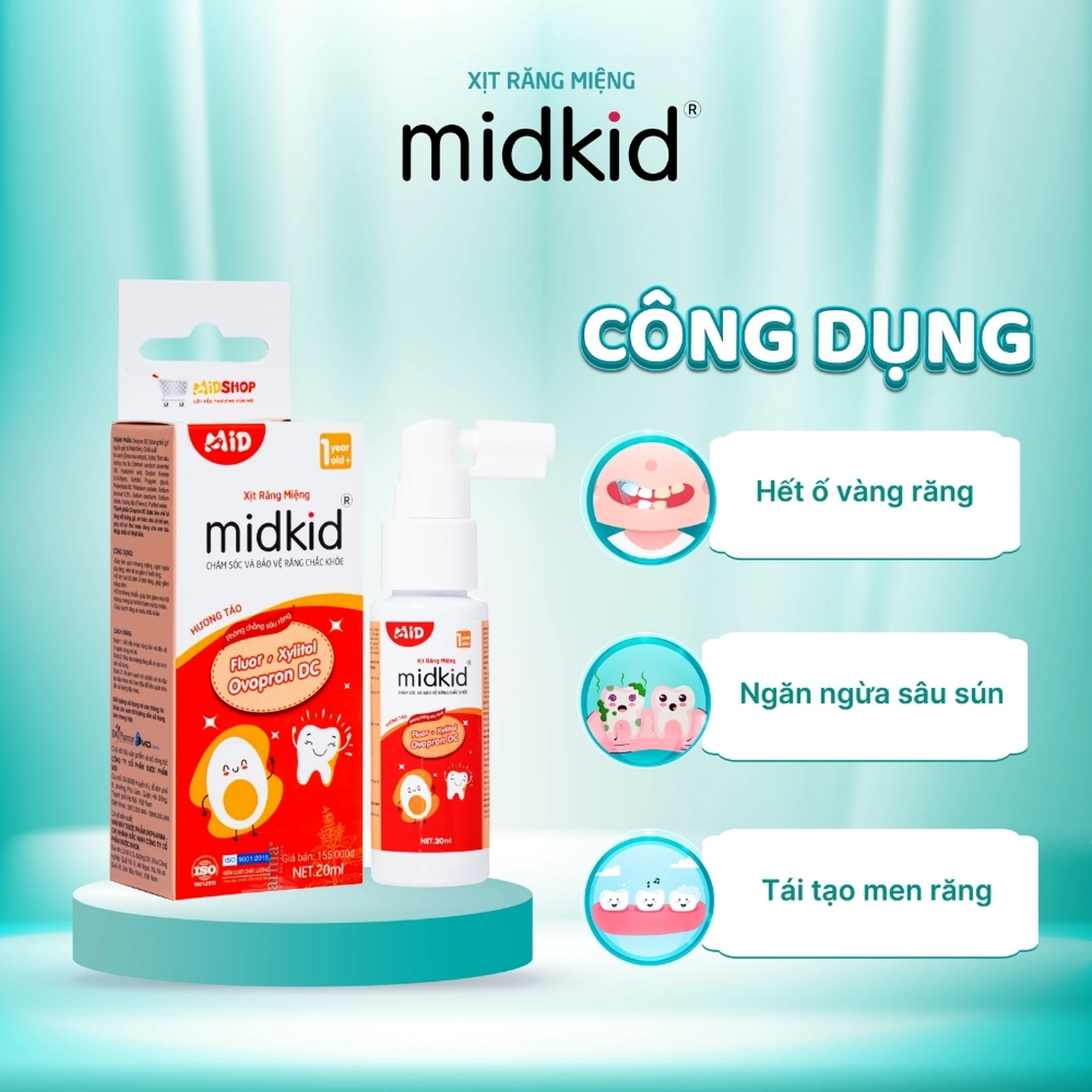 Xịt răng miệng Midkid hương Táo cho trẻ từ 1 tuổi Làm sạch răng miệng, ngừa hôi miệng và sâu răng cho bé (20ml) 2