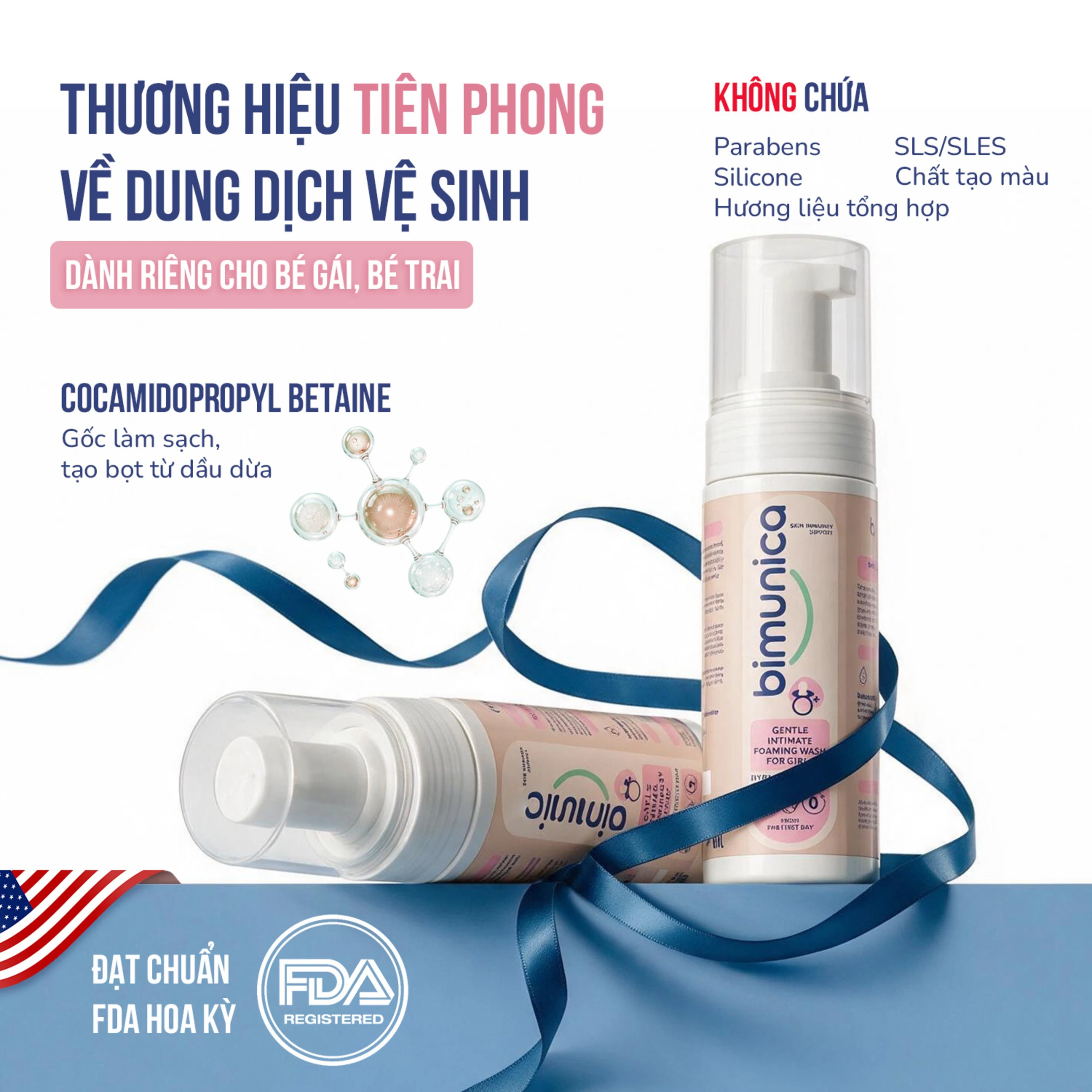 Bọt vệ sinh Bimunica giúp làm sạch dịu nhẹ vùng kín cho bé gái từ sơ sinh chai 150ml 5