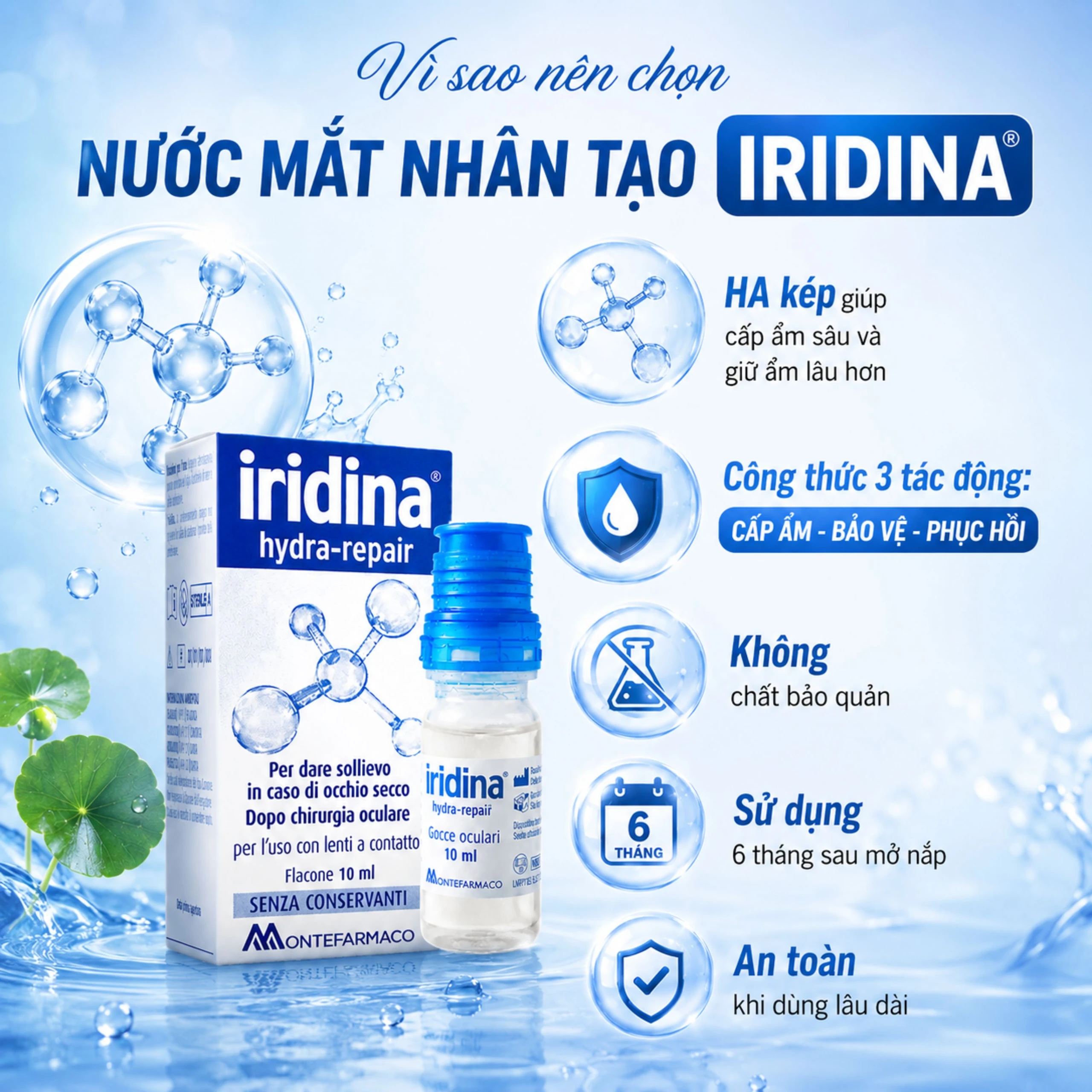 Nước mắt nhân tạo Iridina hydra-repair Giảm Kích Ứng, khô mắt, bảo vệ và phục hồi nhãn cầu (10ml) 4