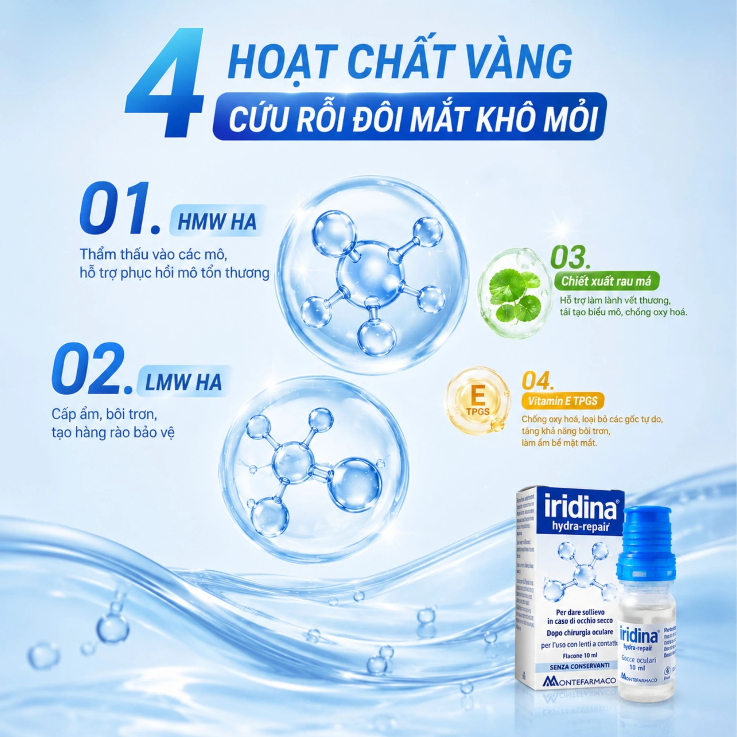 Nước mắt nhân tạo Iridina hydra-repair Giảm Kích Ứng, khô mắt, bảo vệ và phục hồi nhãn cầu (10ml) 5