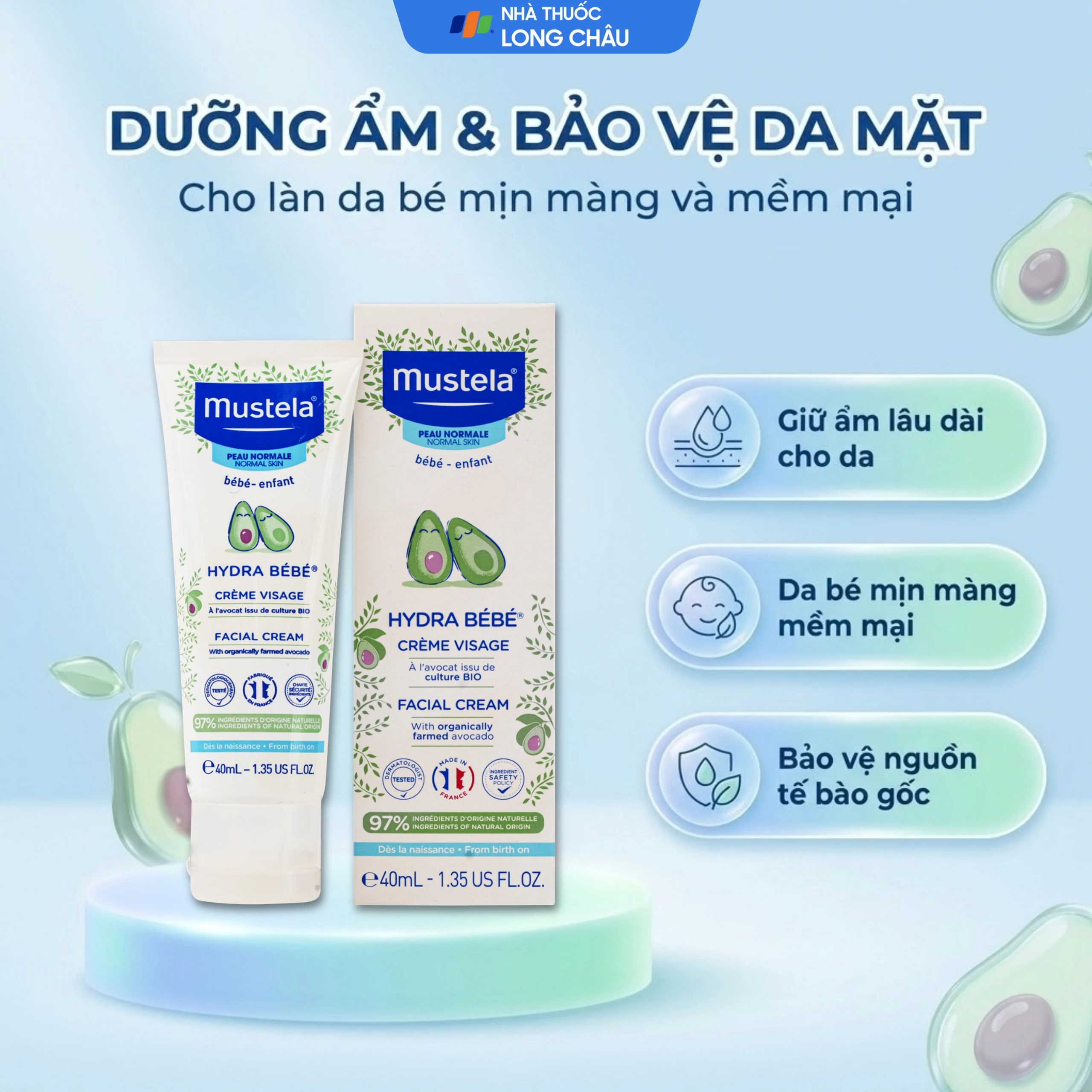 Kem dưỡng da mặt cho bé Mustela Hydra Bebe Facial Cream (40ml) 2
