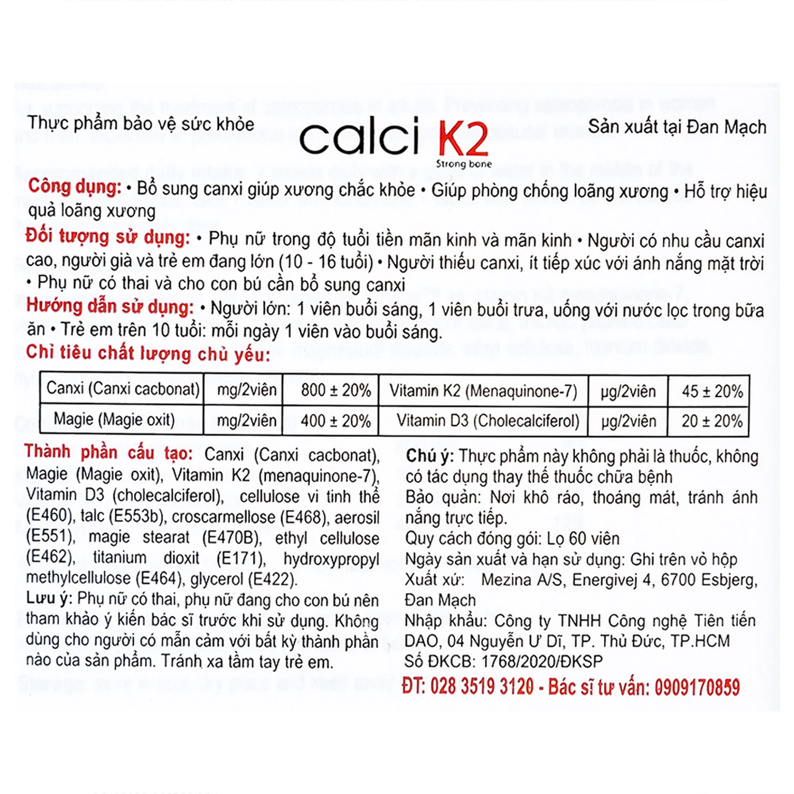 Viên uống hỗ trợ phòng chống loãng xương, bổ sung canxi giúp xương chắc khỏe Calci K2 Dao Nordic Health (60 viên)