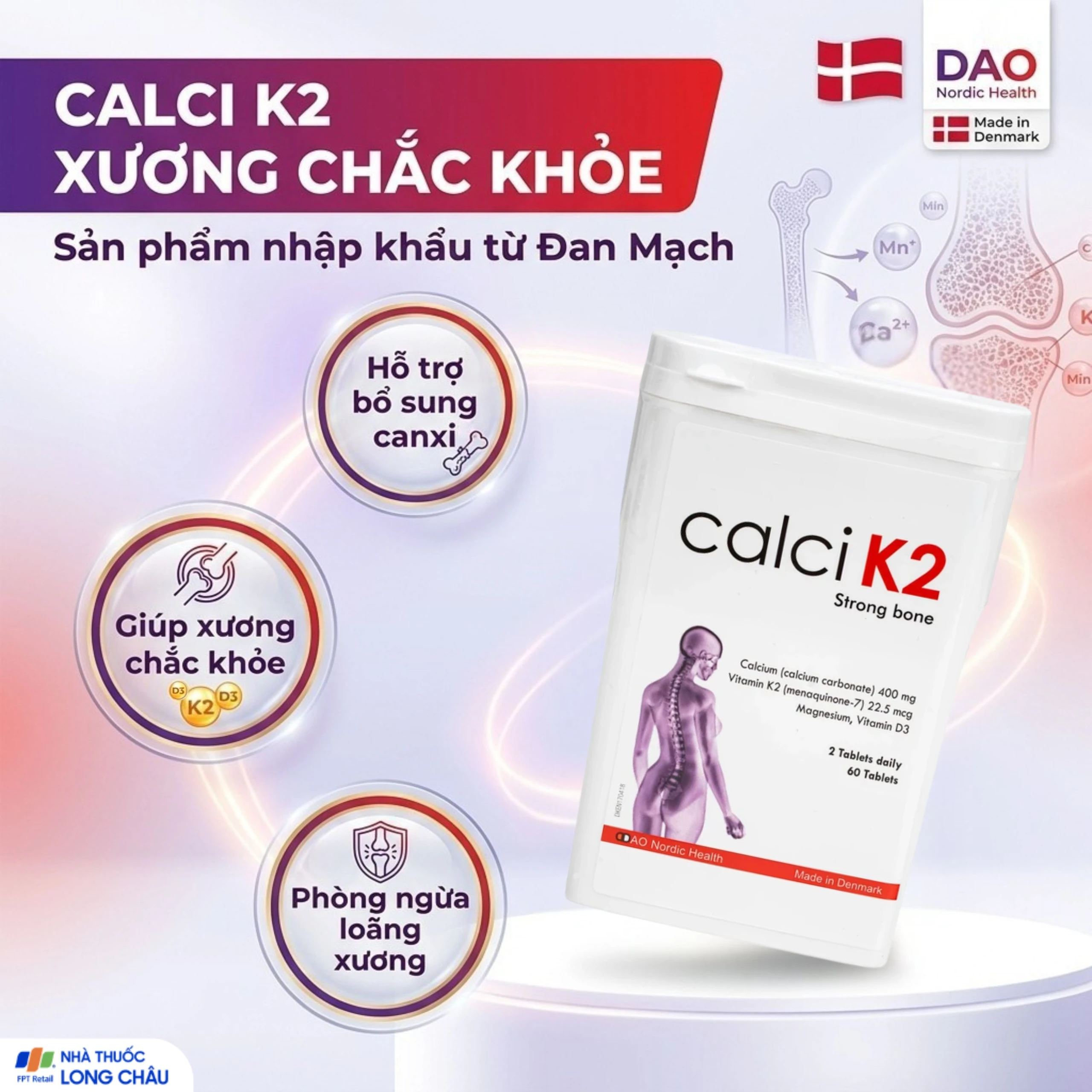 Viên uống hỗ trợ phòng chống loãng xương, bổ sung canxi giúp xương chắc khỏe Calci K2 Dao Nordic Health (60 viên) 3