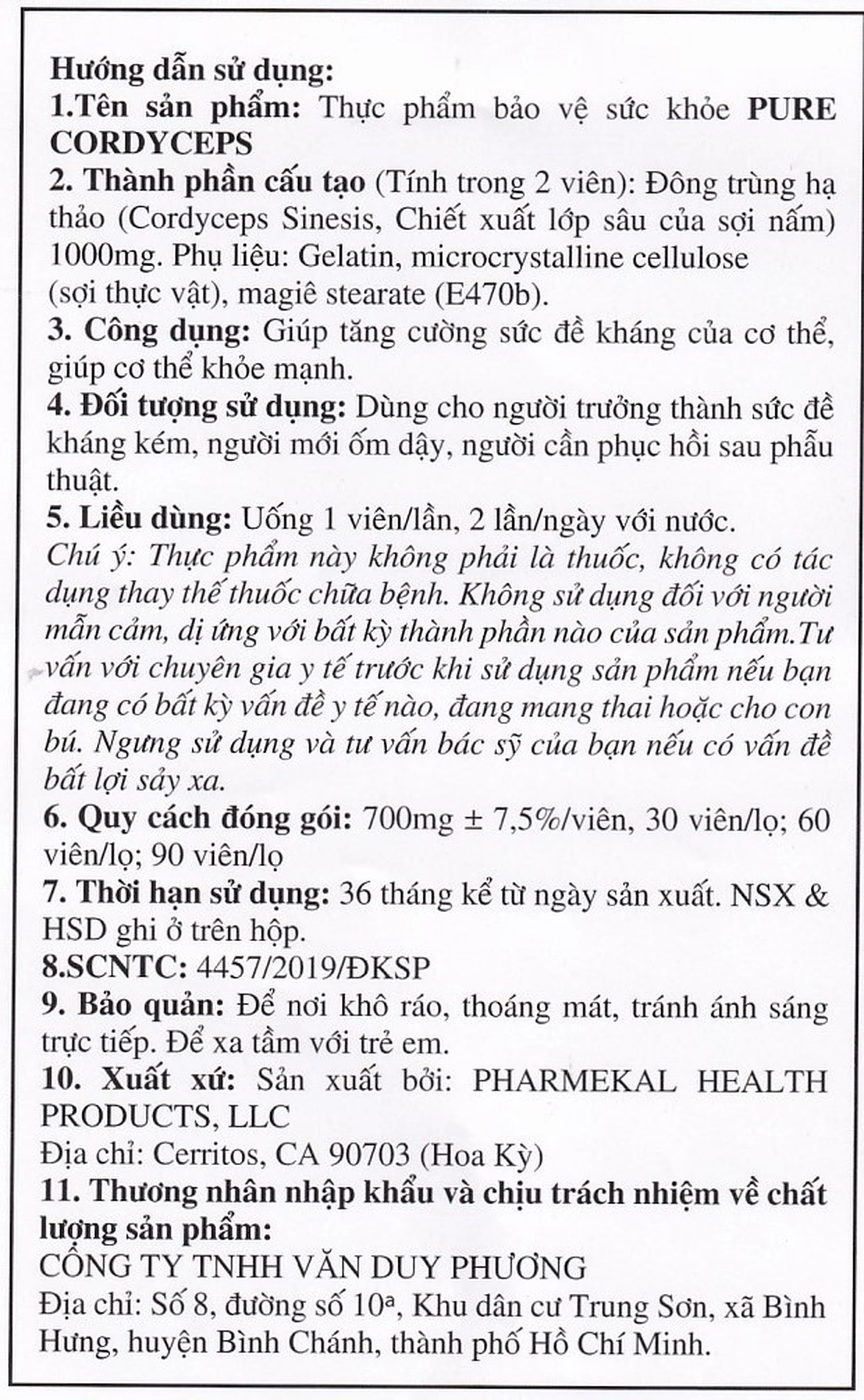 Viên uống Đông trùng hạ thảo giúp tăng cường sức đề kháng Pure Cordyceps Pharmekal (60 viên)