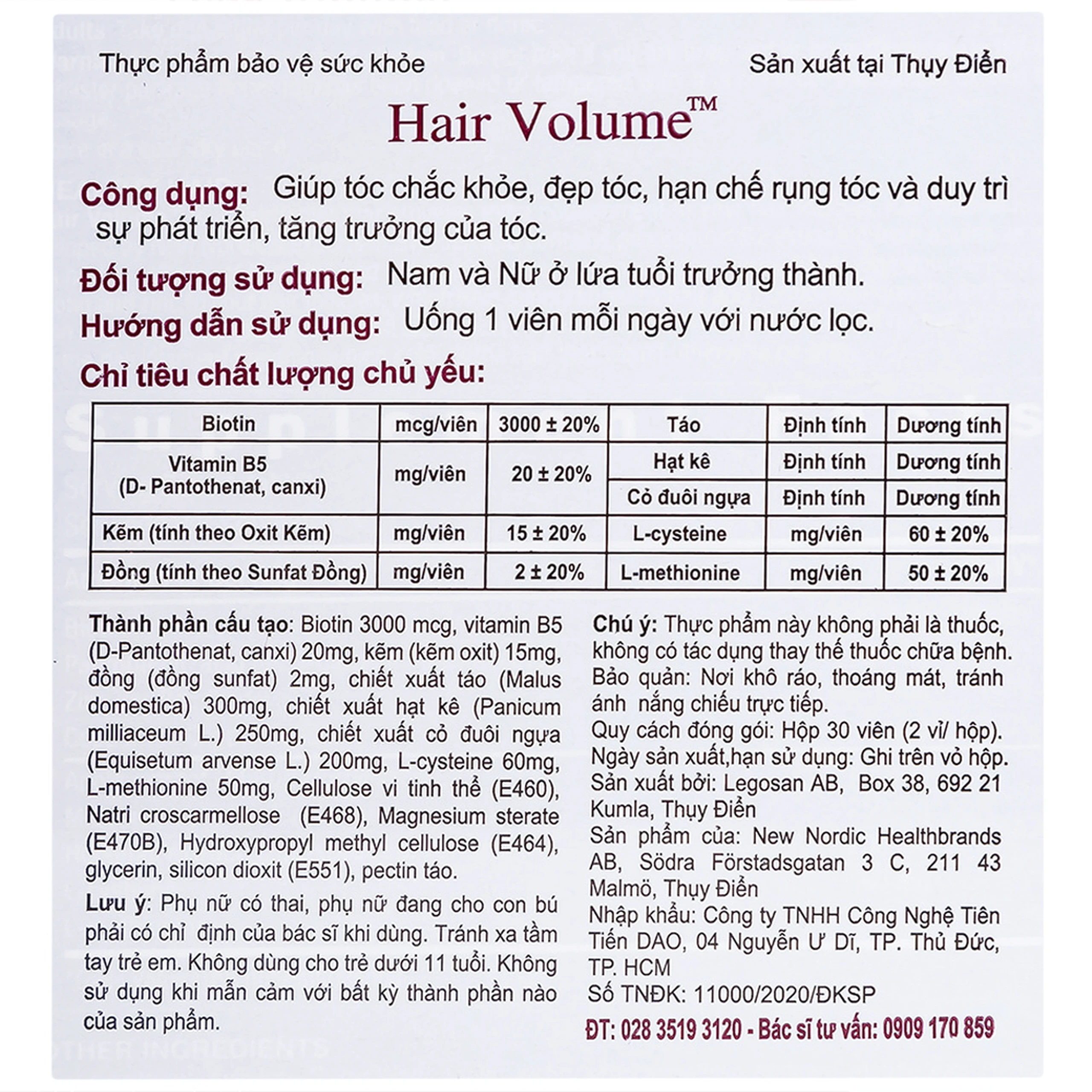Viên uống giúp tóc chắc khỏe, đẹp tóc, hạn chế rụng tóc Hair Volume New Nordic (30 viên)
