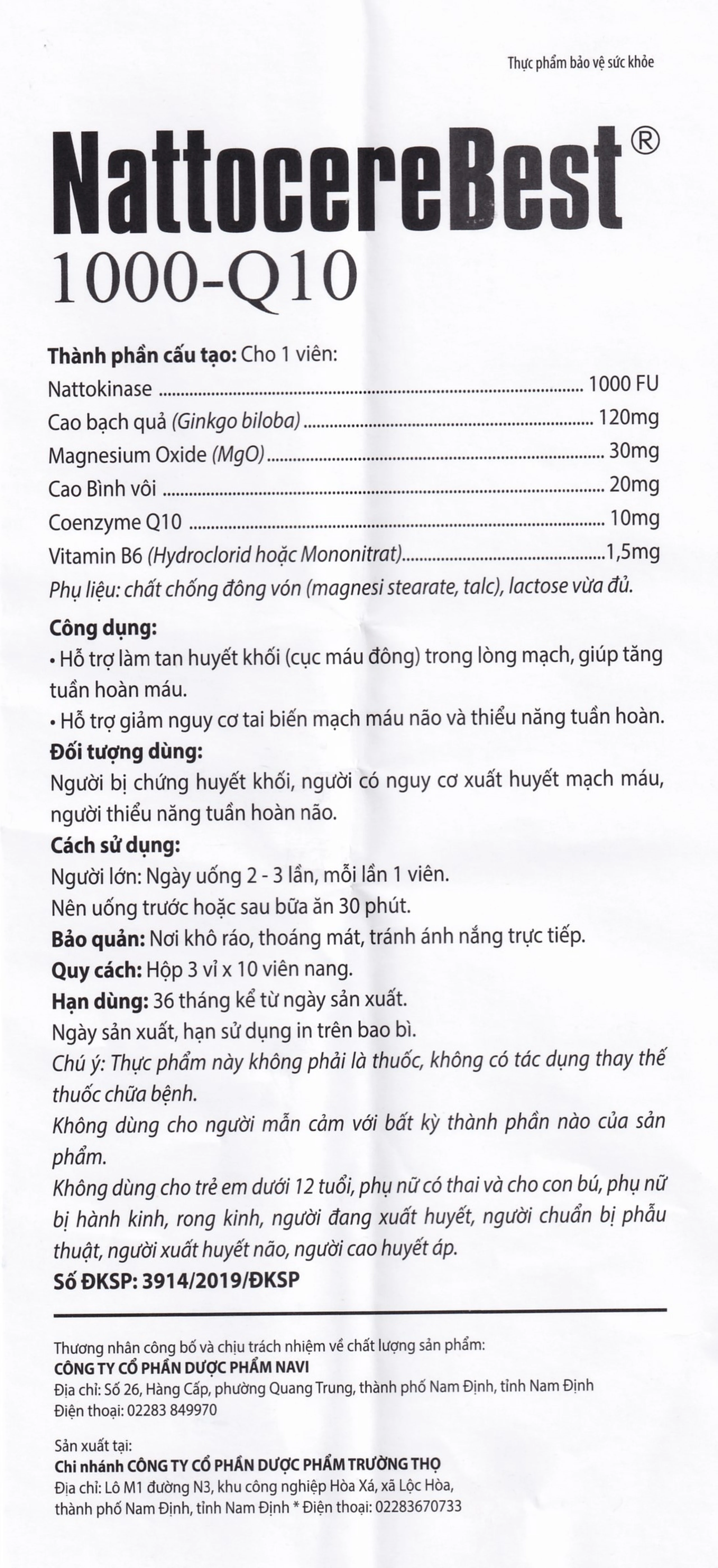 Viên uống hỗ trợ làm tan huyết khối giảm nguy cơ tai biến mạch máu não NattocereBest 1000-Q10 (3 vỉ x 10 viên)