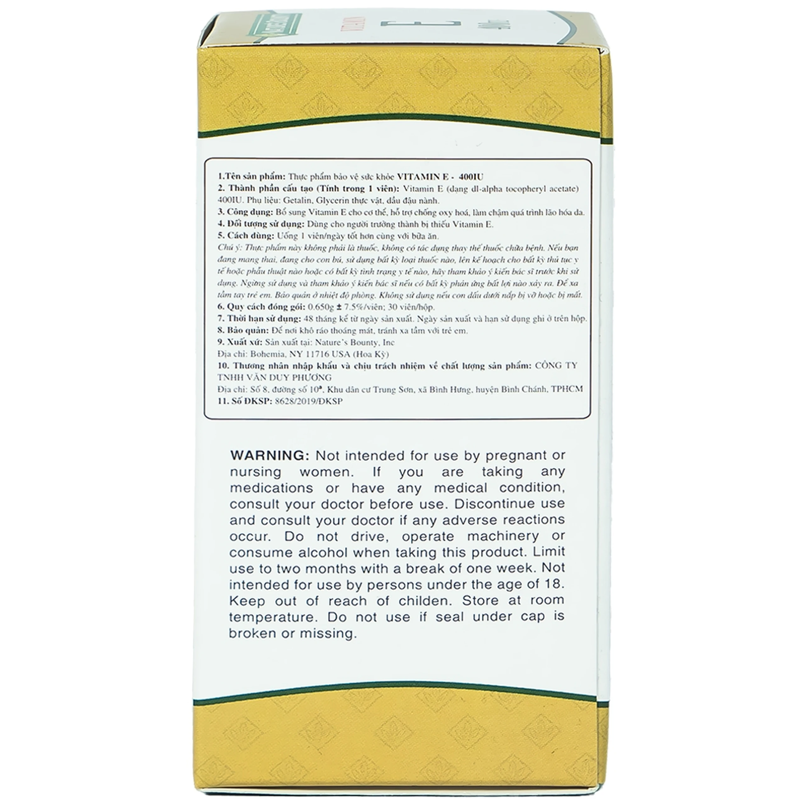 Viên uống bổ sung Vitamin E làm chậm quá trình lão hóa da Vitamin E 400IU Nature's Bounty (30 viên)