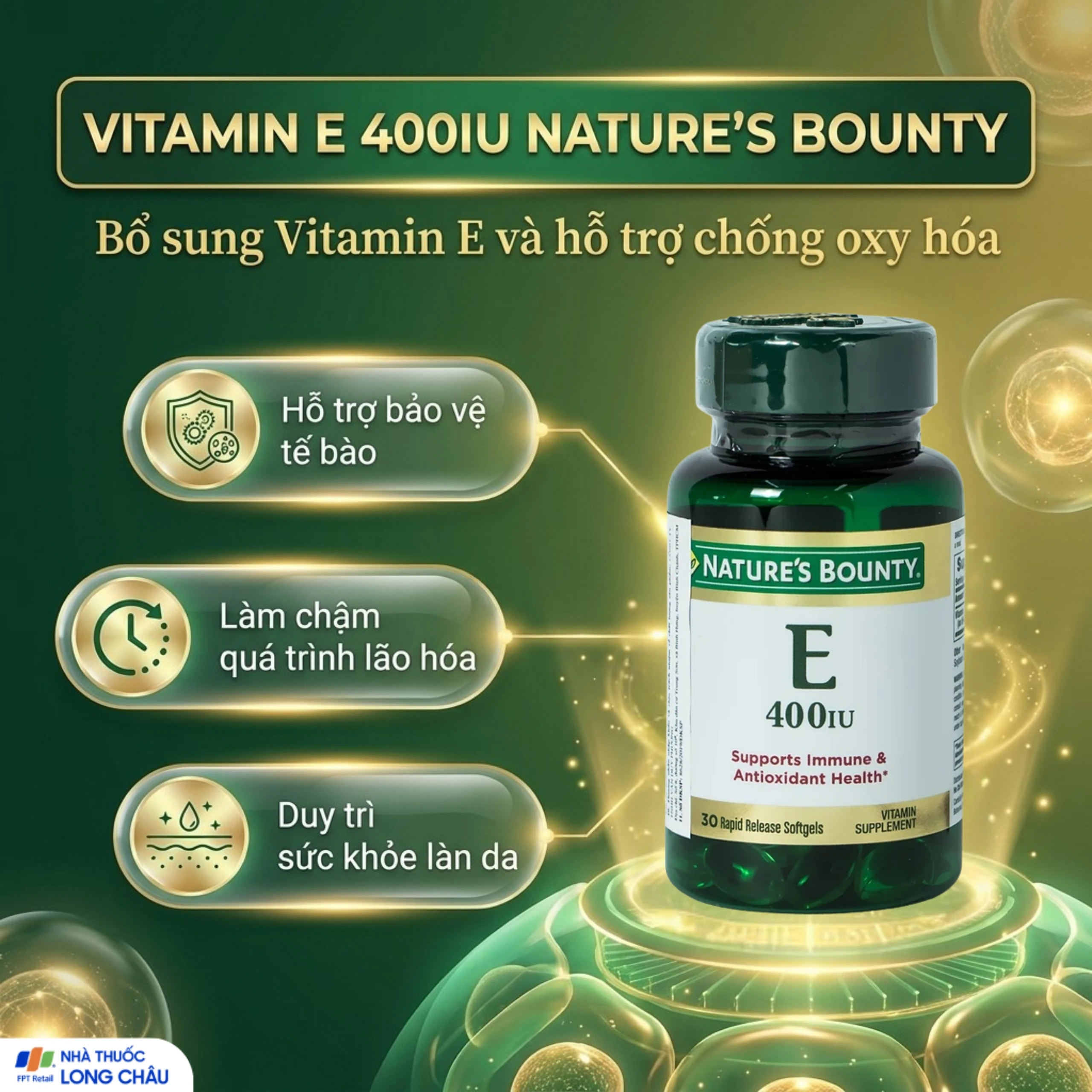 Viên uống bổ sung Vitamin E làm chậm quá trình lão hóa da Vitamin E 400IU Nature's Bounty (30 viên) 3