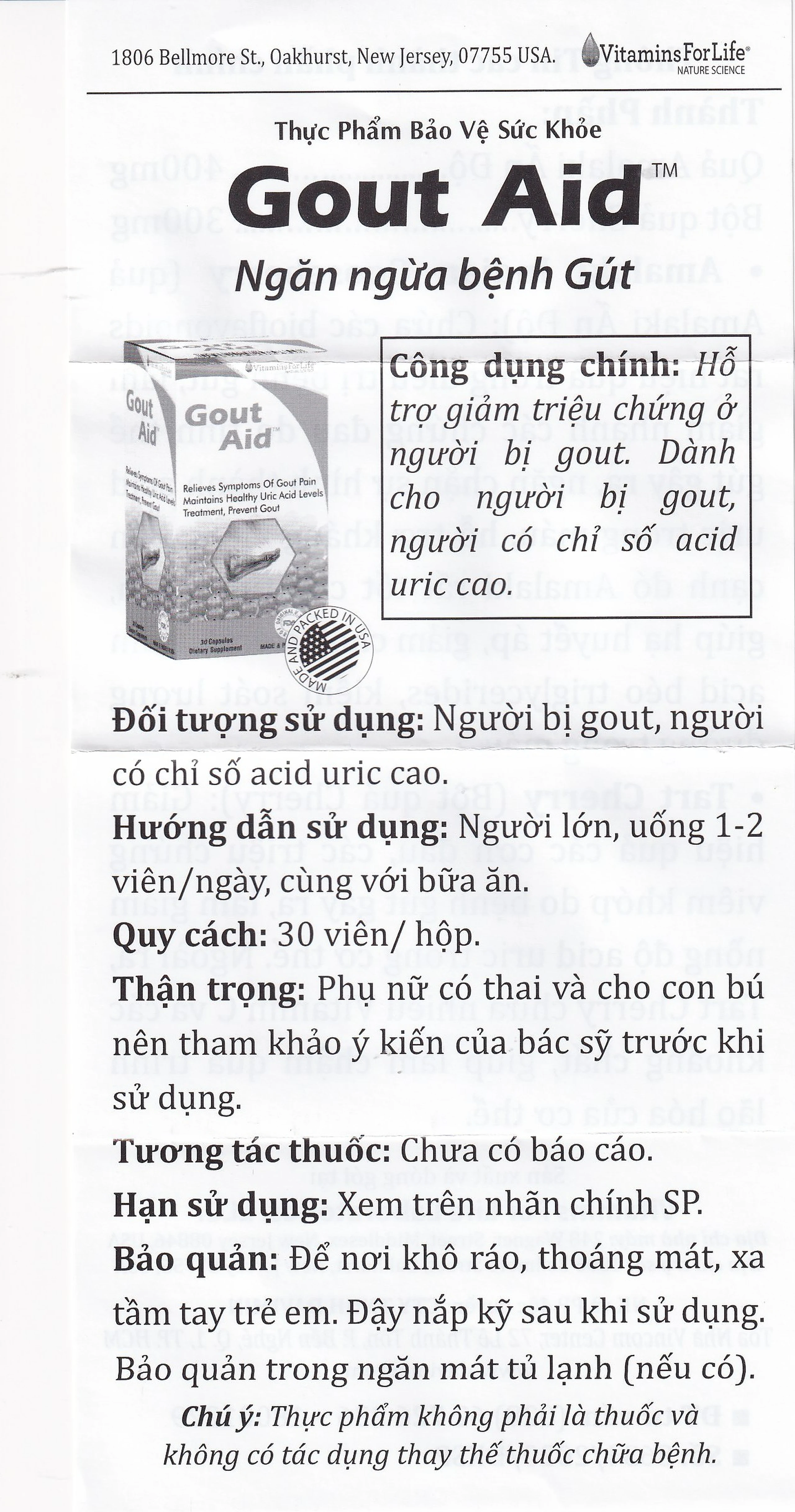 Viên uống hỗ trợ giảm đau cho người bị gout Gout Aid Vitamins For Life (30 viên)