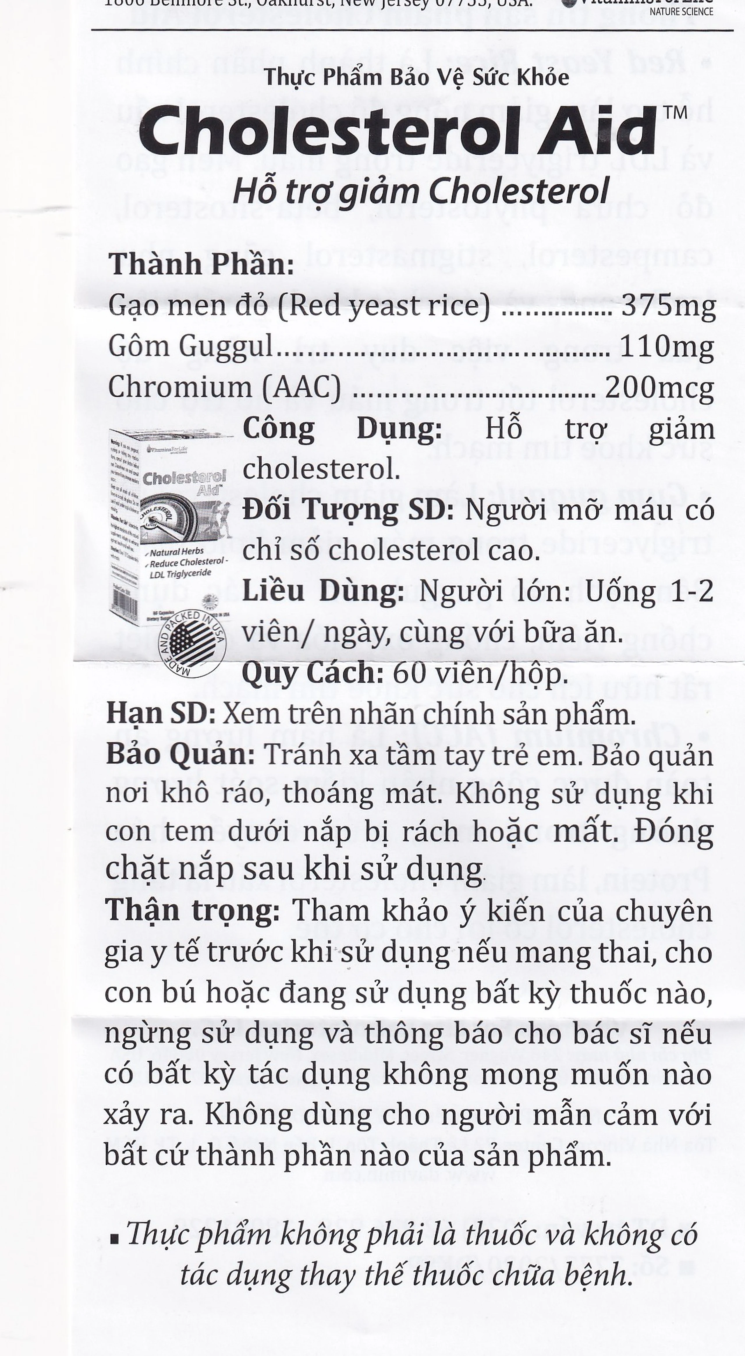 Viên uống hỗ trợ giảm cholesterol Cholesterol Aid Vitamins For Life (60 viên)