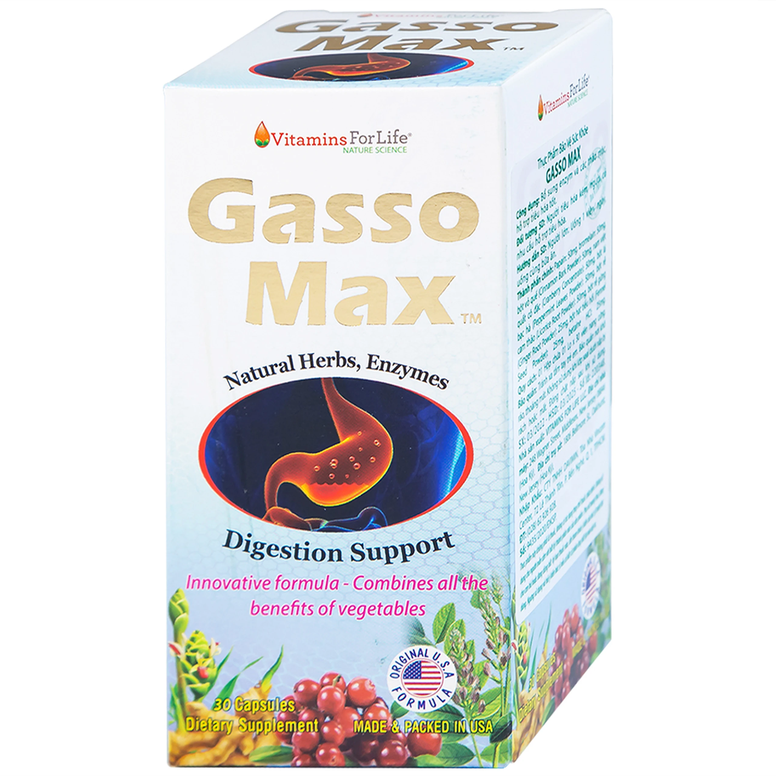 Viên uống bổ sung enzyme và các thảo mộc hỗ trợ tiêu hóa tốt Gasso Max Vitamins For Life (30 viên)