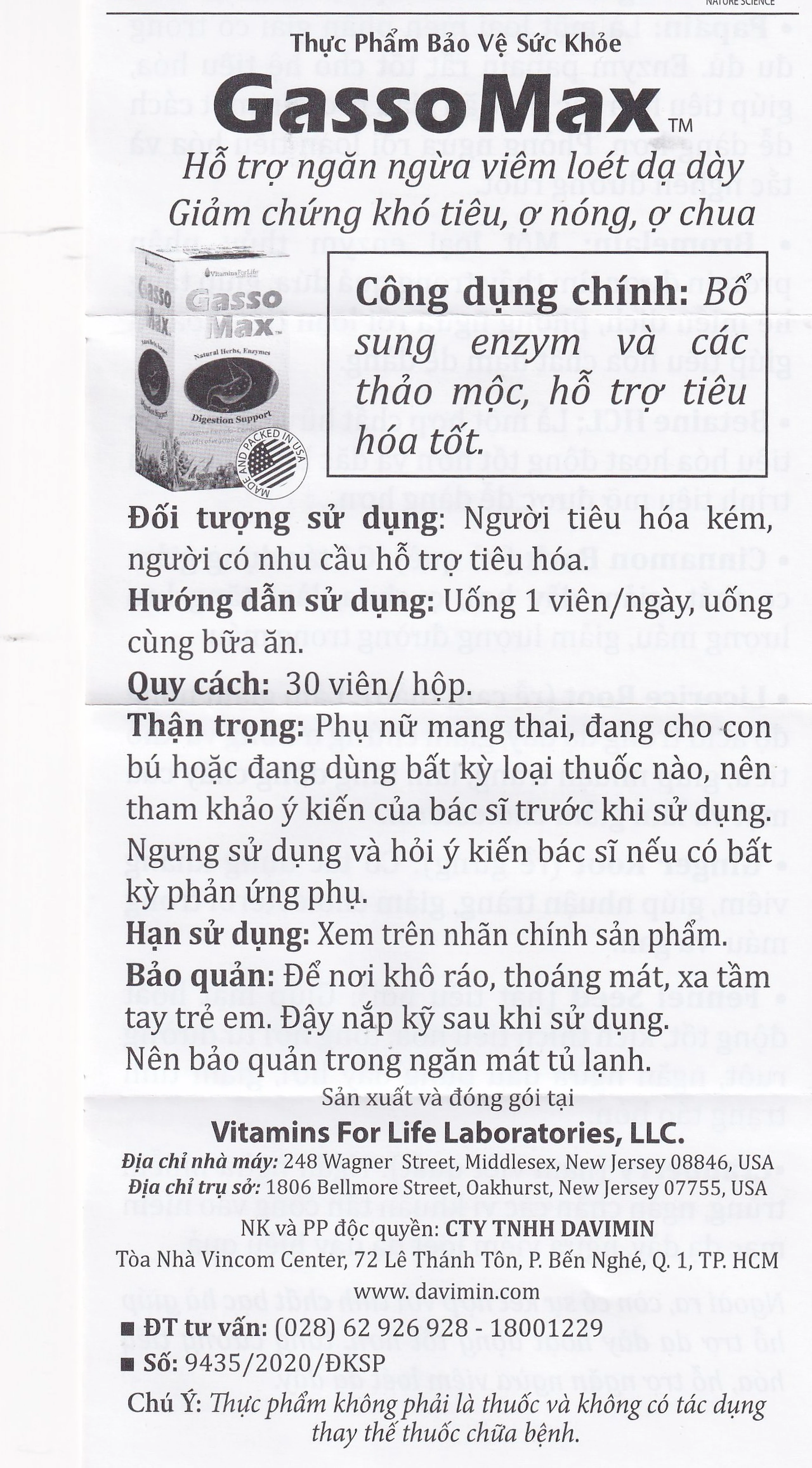 Viên uống bổ sung enzyme và các thảo mộc hỗ trợ tiêu hóa tốt Gasso Max Vitamins For Life (30 viên)