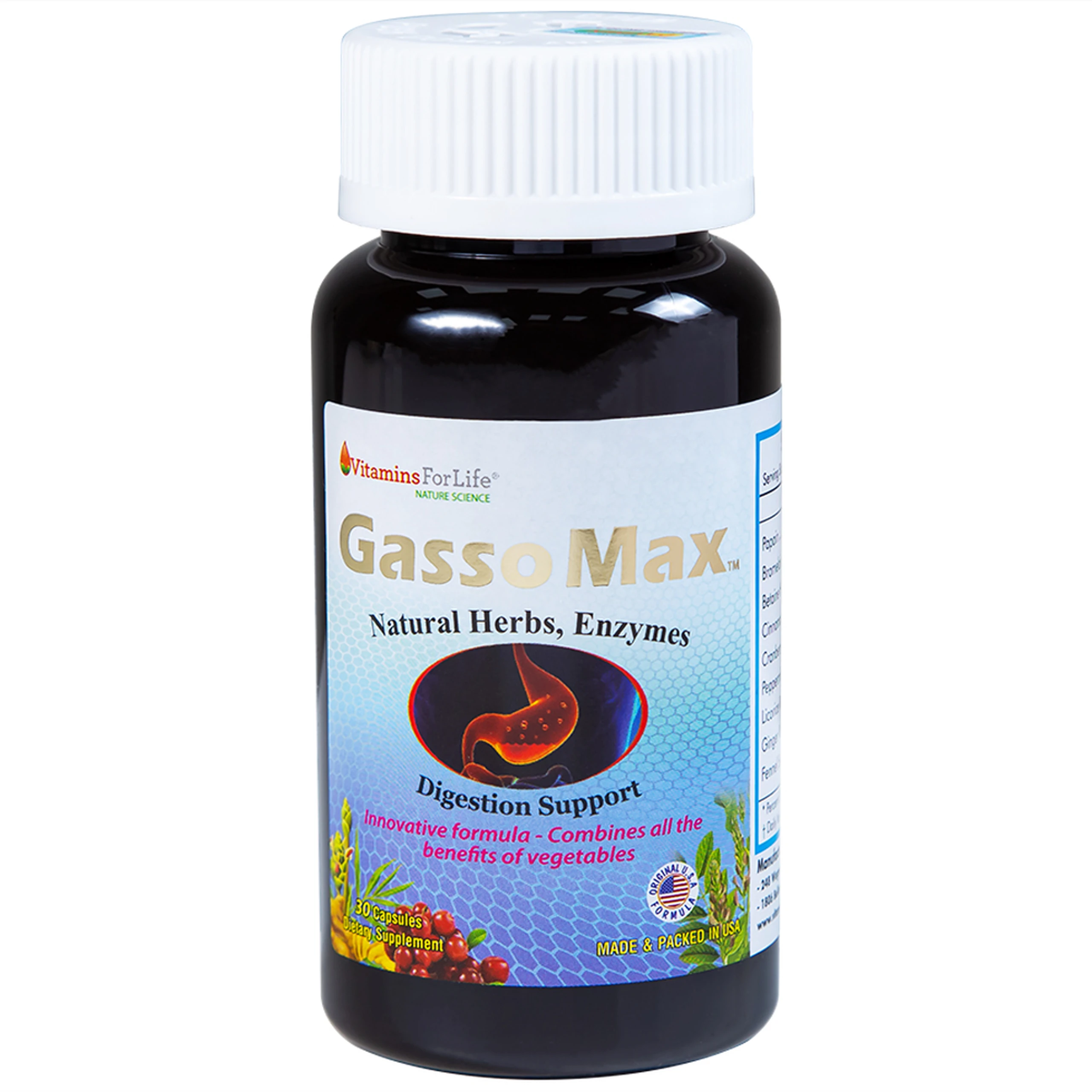 Viên uống bổ sung enzyme và các thảo mộc hỗ trợ tiêu hóa tốt Gasso Max Vitamins For Life (30 viên)