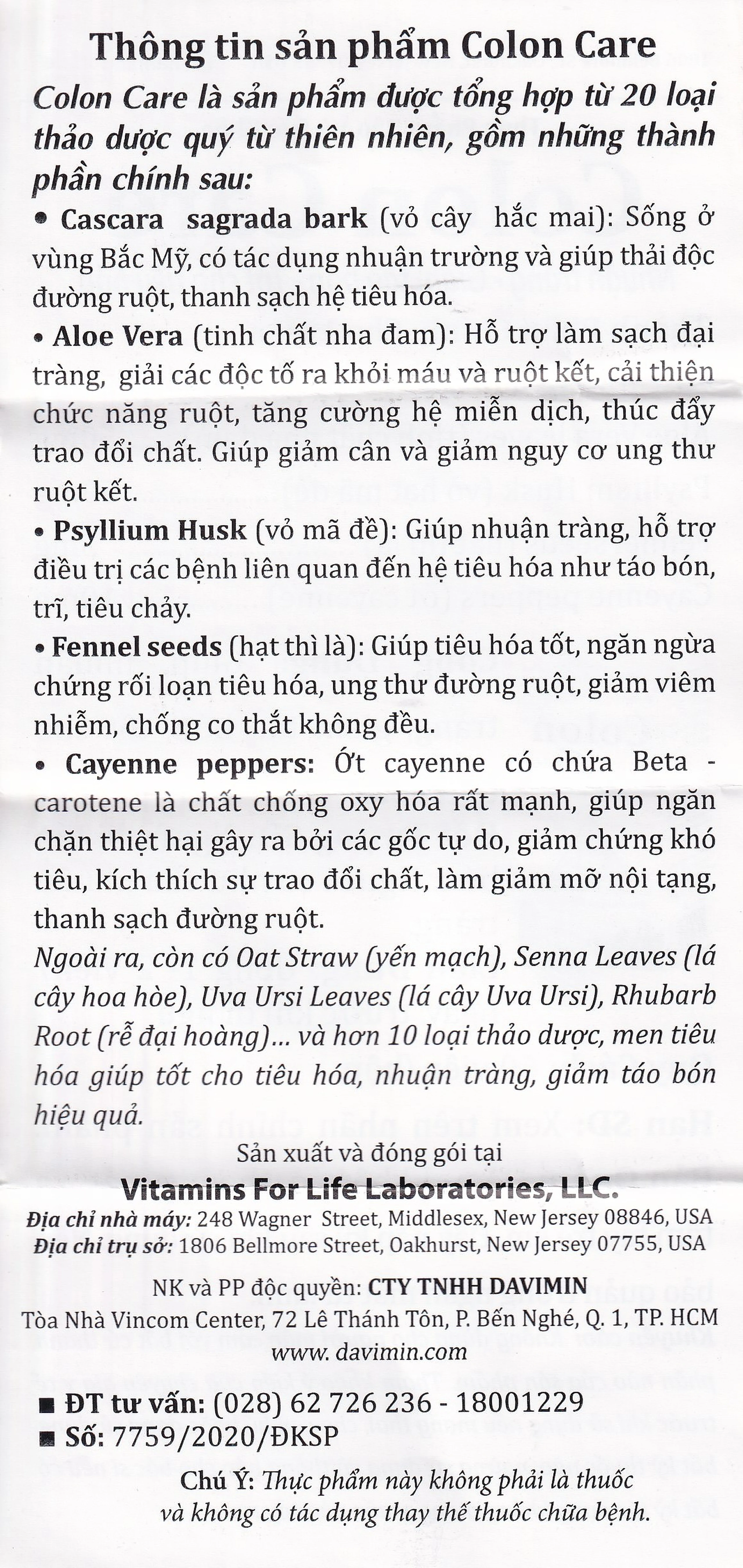 Viên uống giúp nhuận tràng, giảm táo bón, tốt cho tiêu hóa Colon Care Vitamins For Life (60 viên)