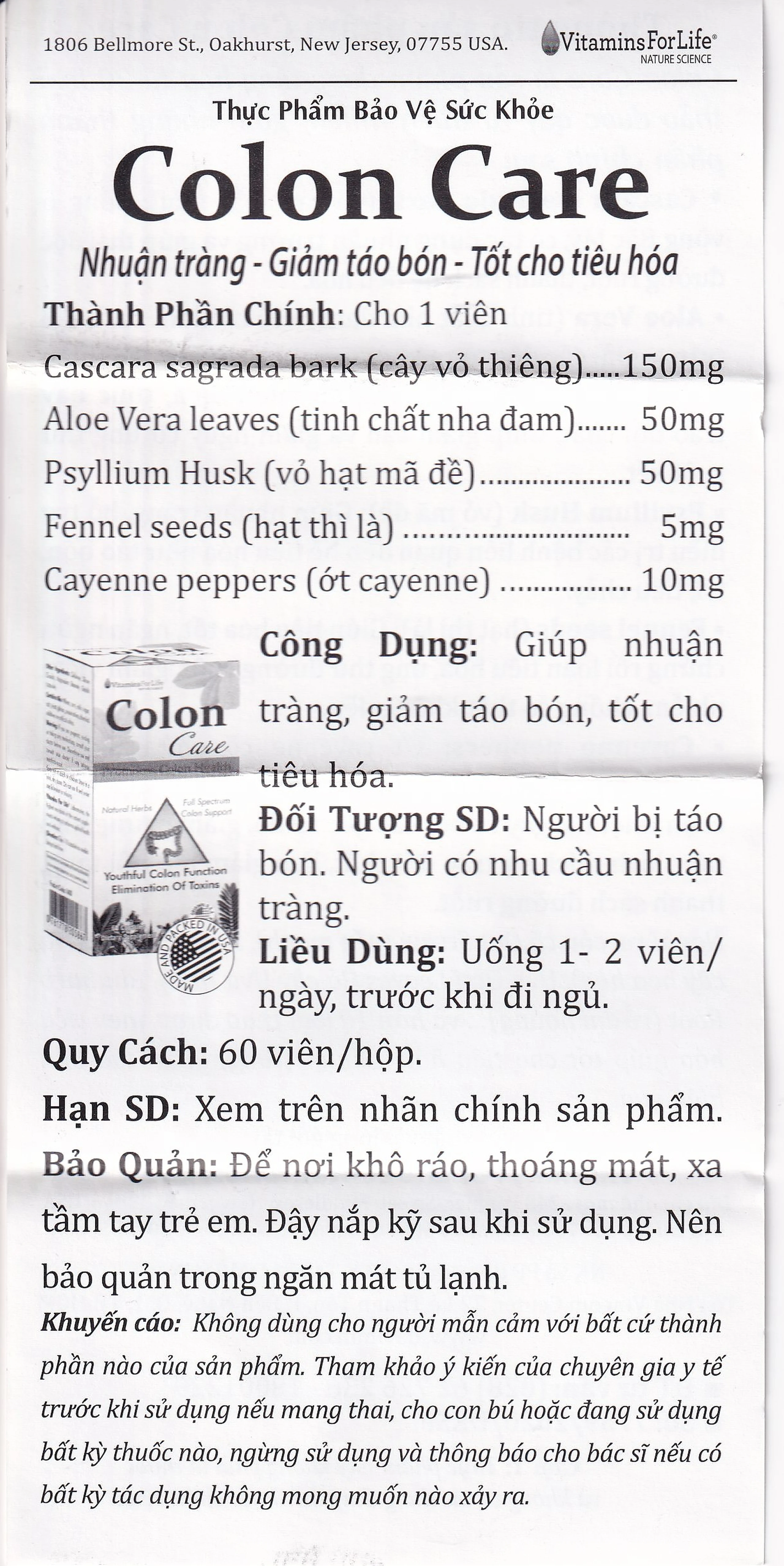 Viên uống giúp nhuận tràng, giảm táo bón, tốt cho tiêu hóa Colon Care Vitamins For Life (60 viên)