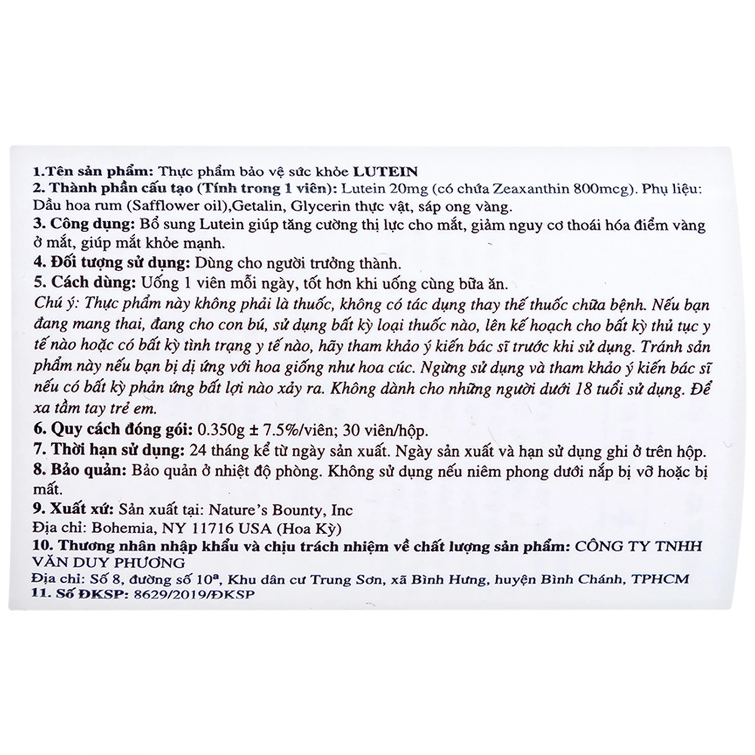 Viên uống giúp tăng cường thị lực cho mắt, giúp mắt khỏe mạnh Lutein Nature's Bounty (30 viên)