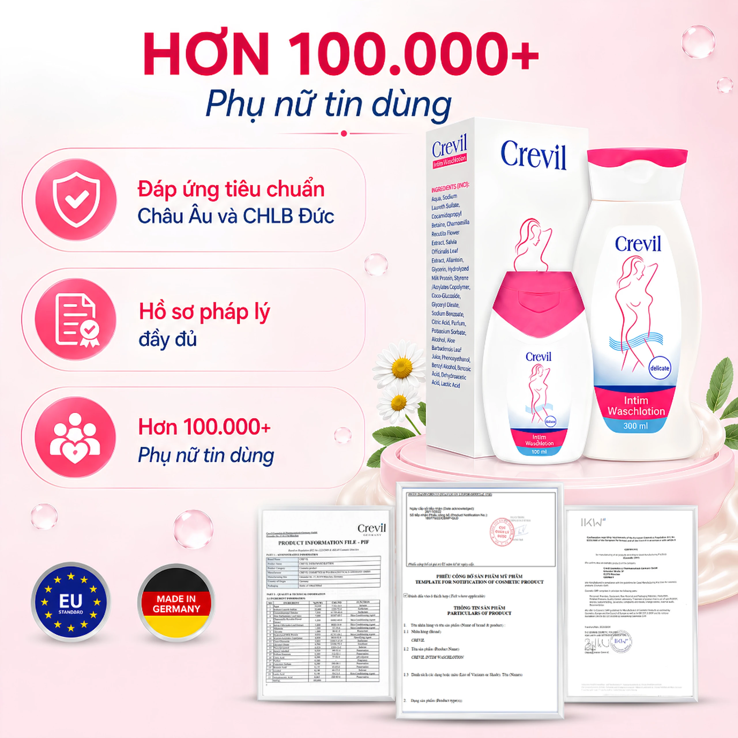 Dung dịch vệ sinh phụ nữ Crevil Intim Waschlotion chống viêm, cân bằng pH (100ml) 6