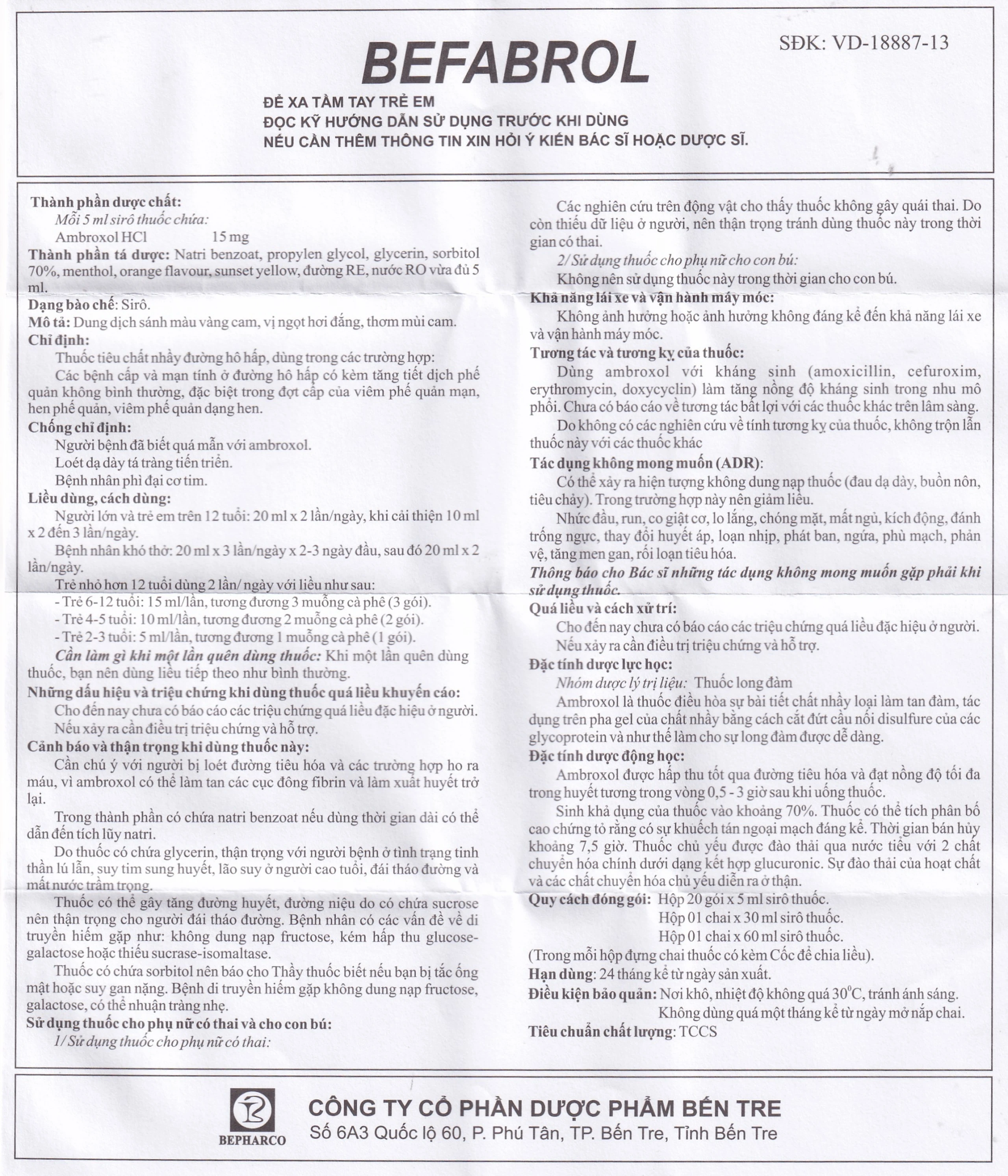 Siro Befabrol 15mg Bepharco tiêu chất nhầy đường hô hấp (20 gói x 5ml)