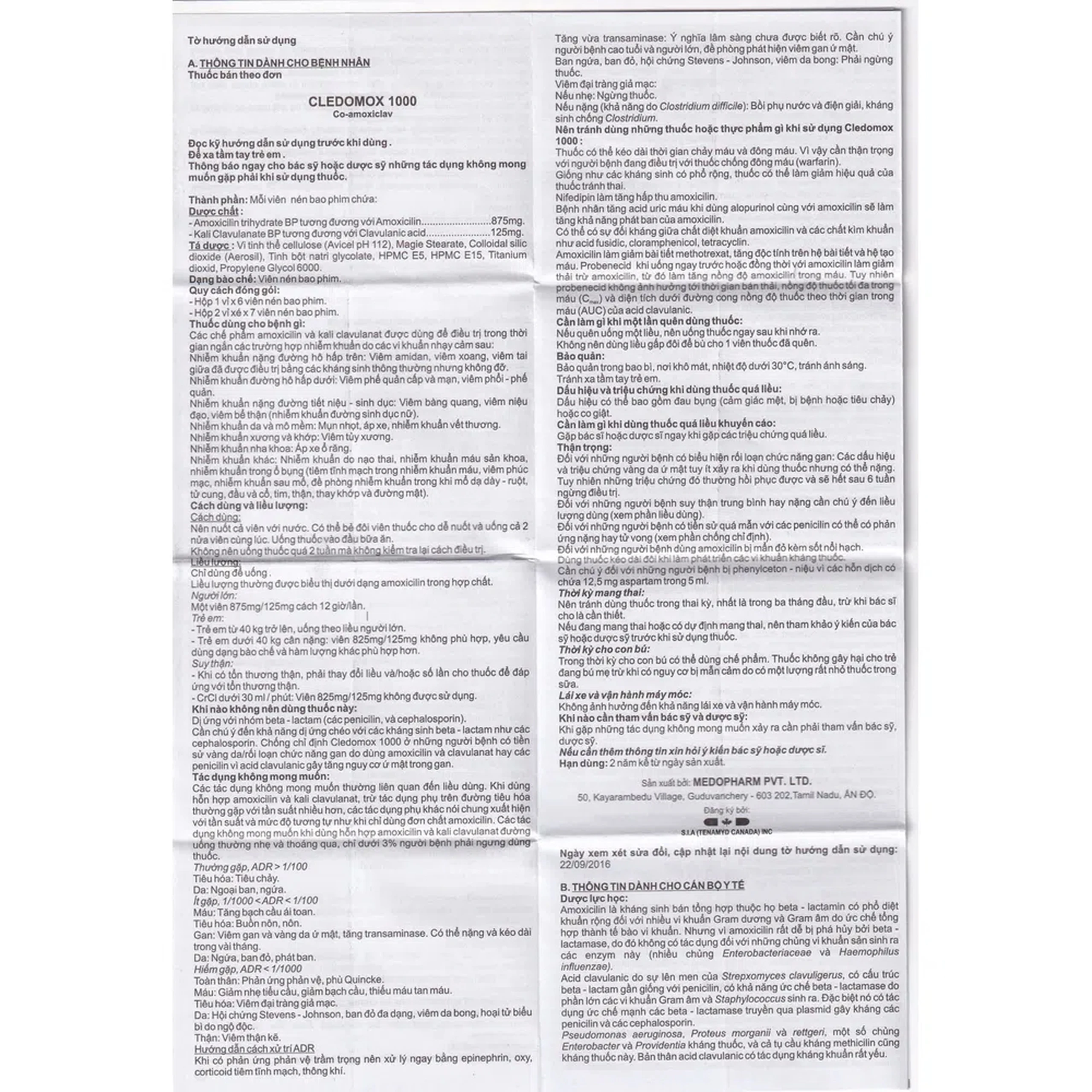 Thuốc Cledomox 1000 Tenamyd điều trị các trường hợp nhiễm khuẩn (2 vỉ x 7 viên)