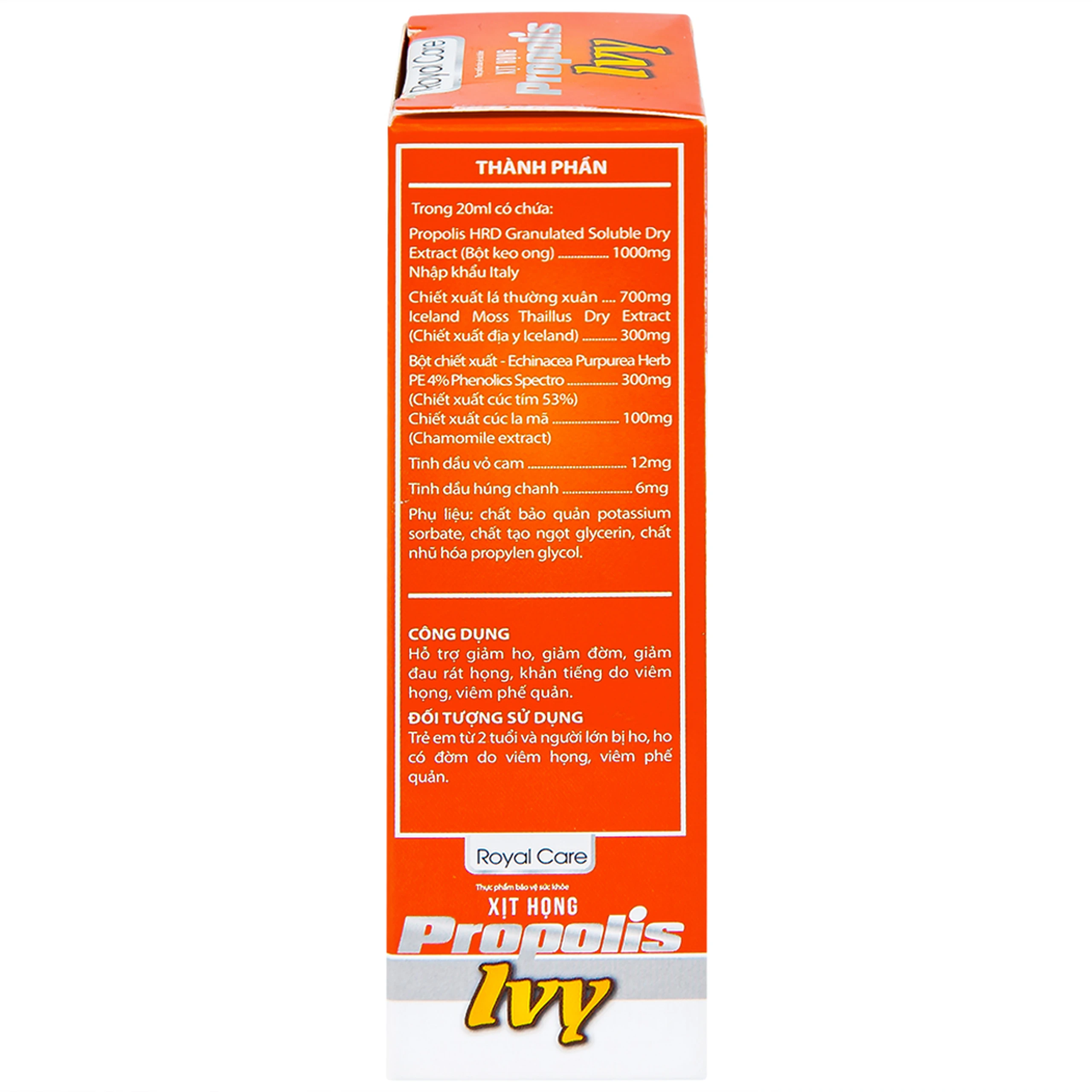 Chai xịt họng giảm ho, đờm, đau rát họng, khản tiếng do viêm họng, viêm phế quản Propolis Ivy Royal Care (20ml)