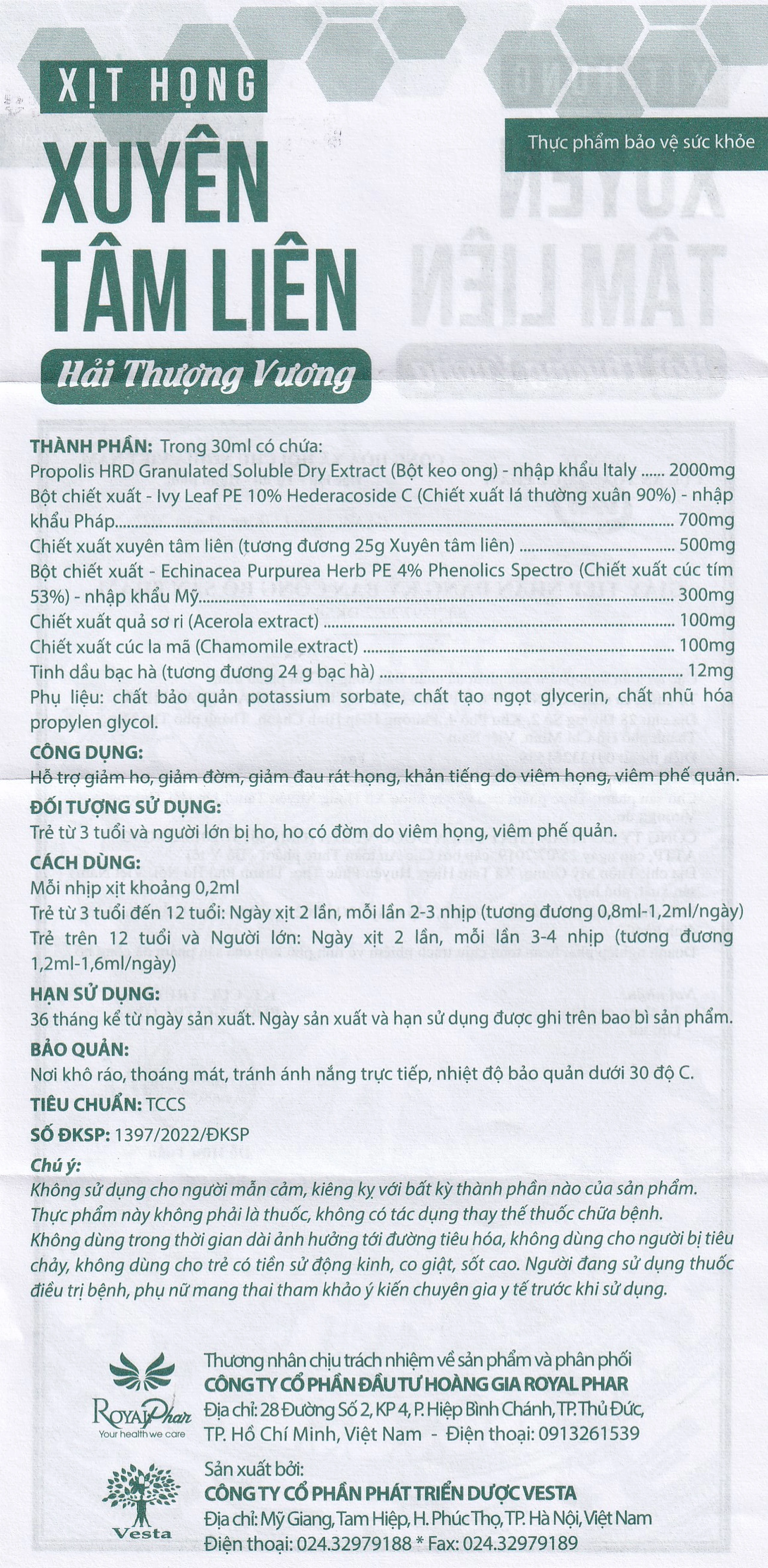 Chai xịt họng hỗ trợ giảm ho, giảm đờm, giảm đau rát họng Xuyên Tâm Liên Hải Thượng Vương (30ml)
