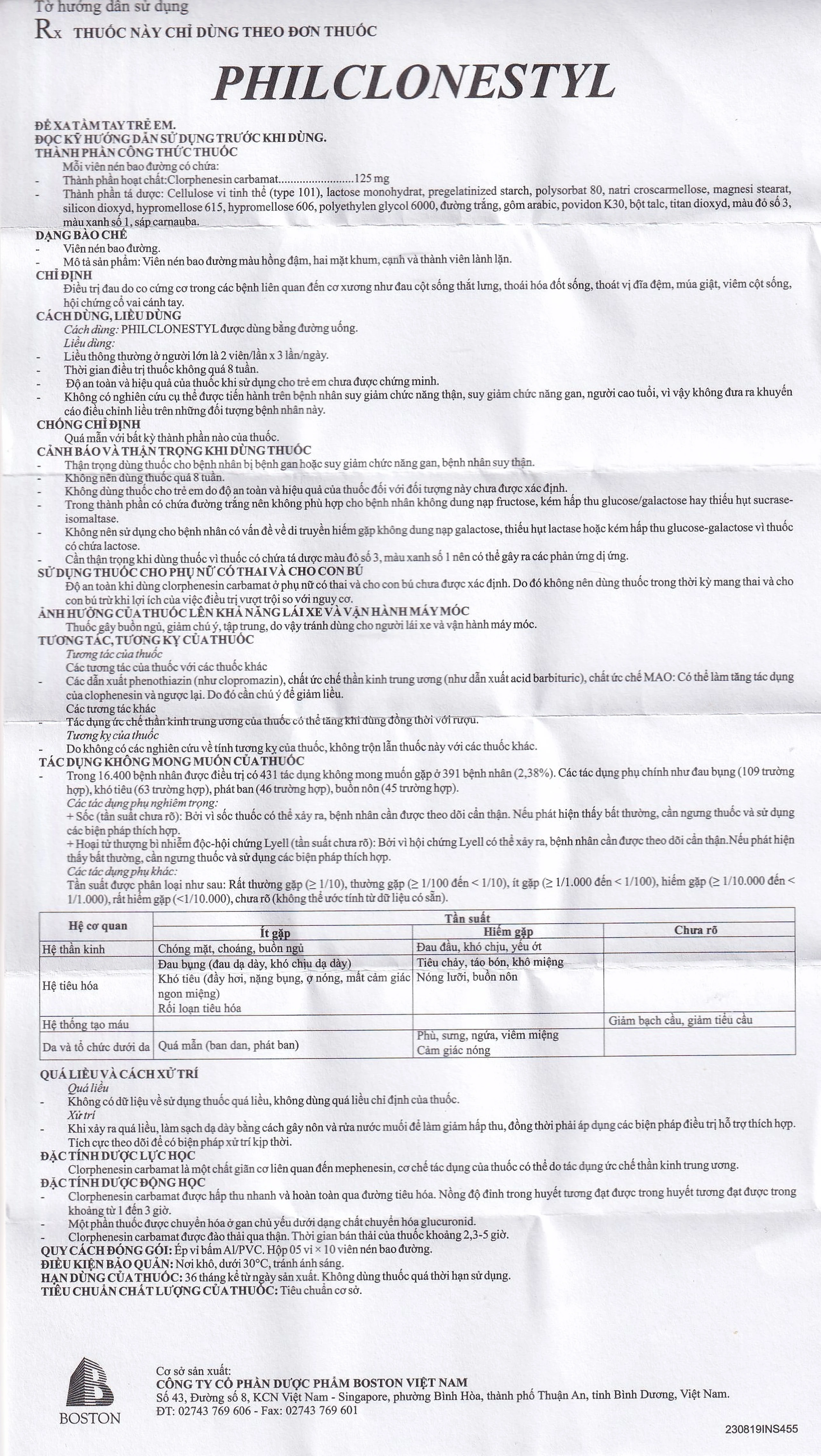 Thuốc giãn cơ Philclonestyl 125mg Boston điều trị đau do cứng cơ (5 vỉ x 10 viên)