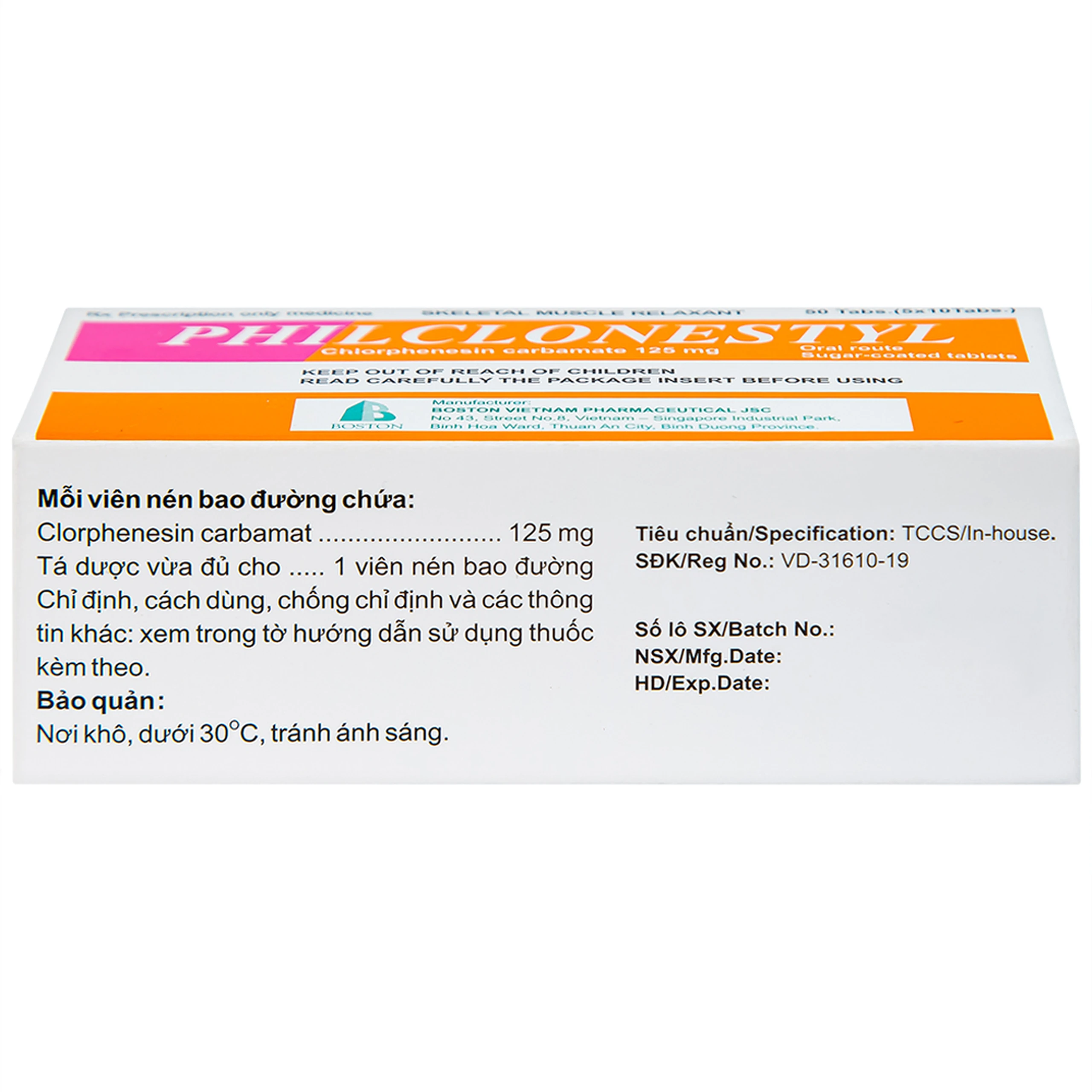 Thuốc giãn cơ Philclonestyl 125mg Boston điều trị đau do cứng cơ (5 vỉ x 10 viên)